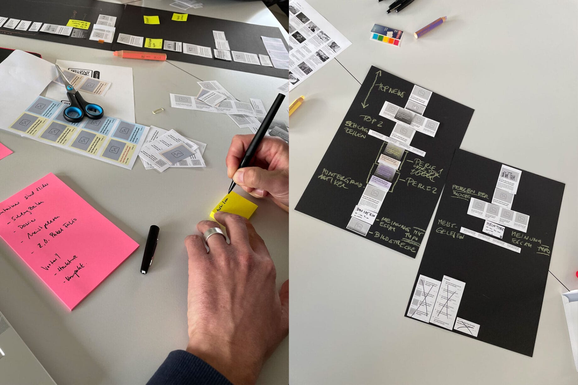 Prototypen aus Papier und Post, ein Tisch voller kreativer Arbeit zur Erstellung des Titelblattkonzepts