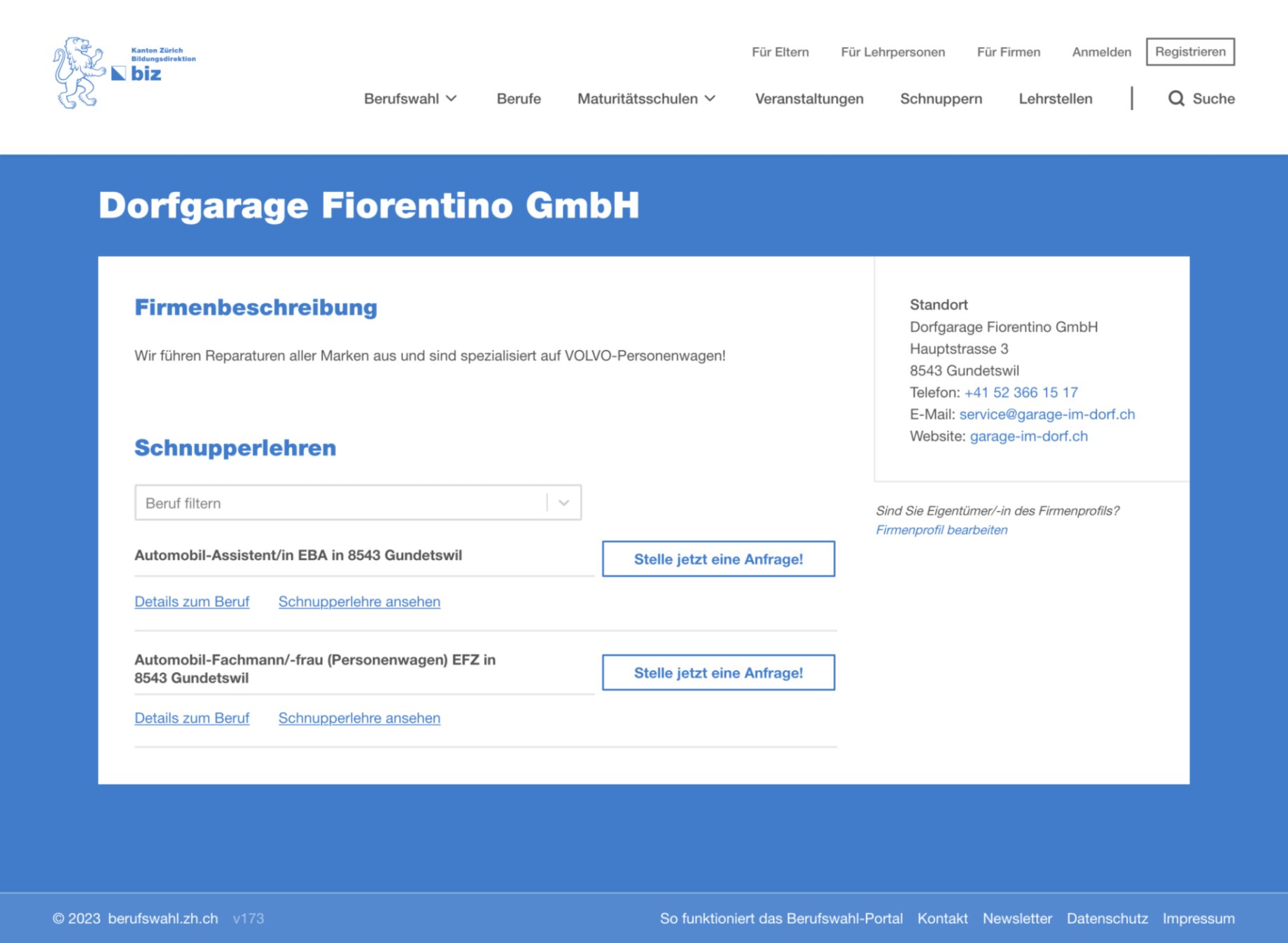 View of a company profile in the berufswahl.zh.ch web app