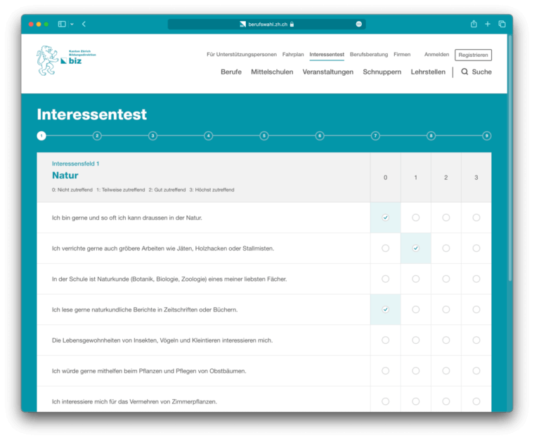 Interest test in the web app berufswahl.zh.ch
