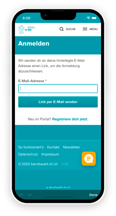 Login-Prozess mit Magic-Link in der Webapp berufswahl.zh.ch