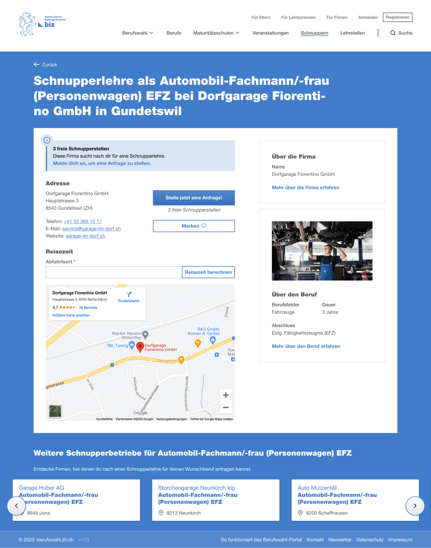 View of a taster apprenticeship in the berufswahl.zh.ch web app