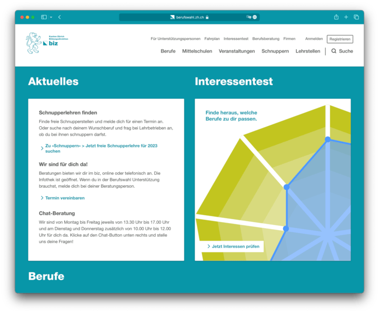 Screenshot of the Webapp berufswahl.zh.ch