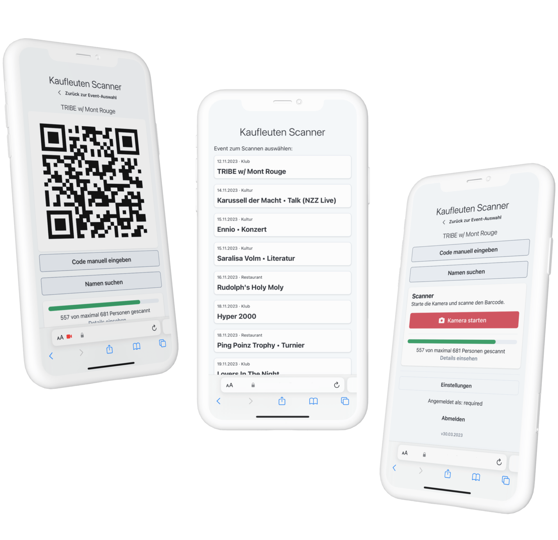 Three smartphone screenshots of the Kaufleuten scanner web app: event selection, QR code scan and scan status with scanned persons.