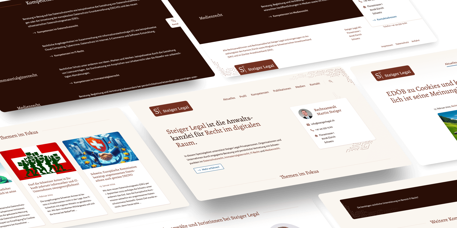 Verschiedene Screenshots der Seiten-Ansichten von steigerlegal.ch