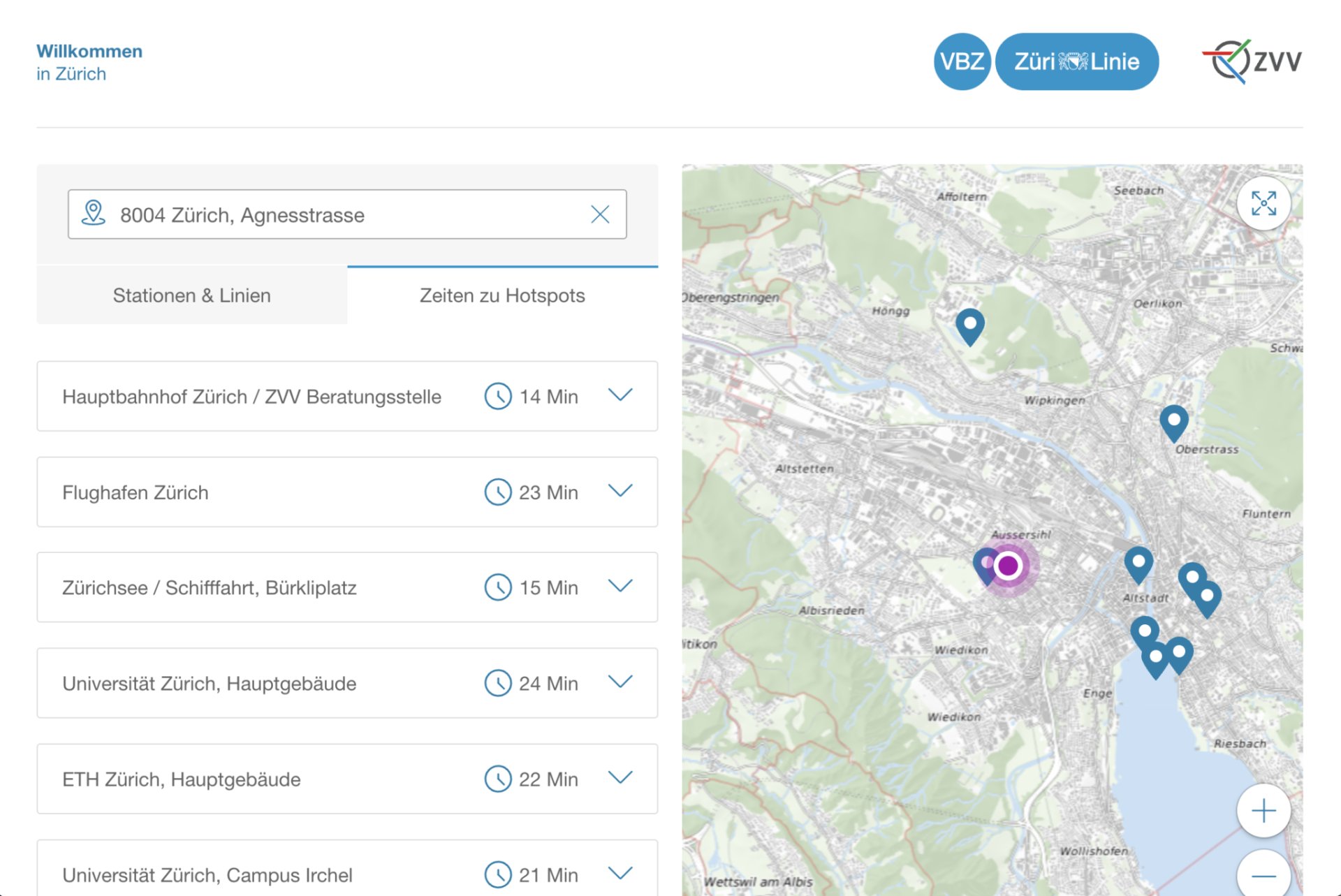 Screenshot der Web-App ZH Mobil mit einer Liste und Karte