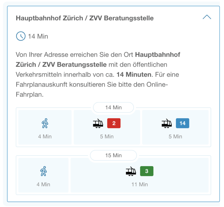 Ansicht ÖV Verbindungen in der Wep-App