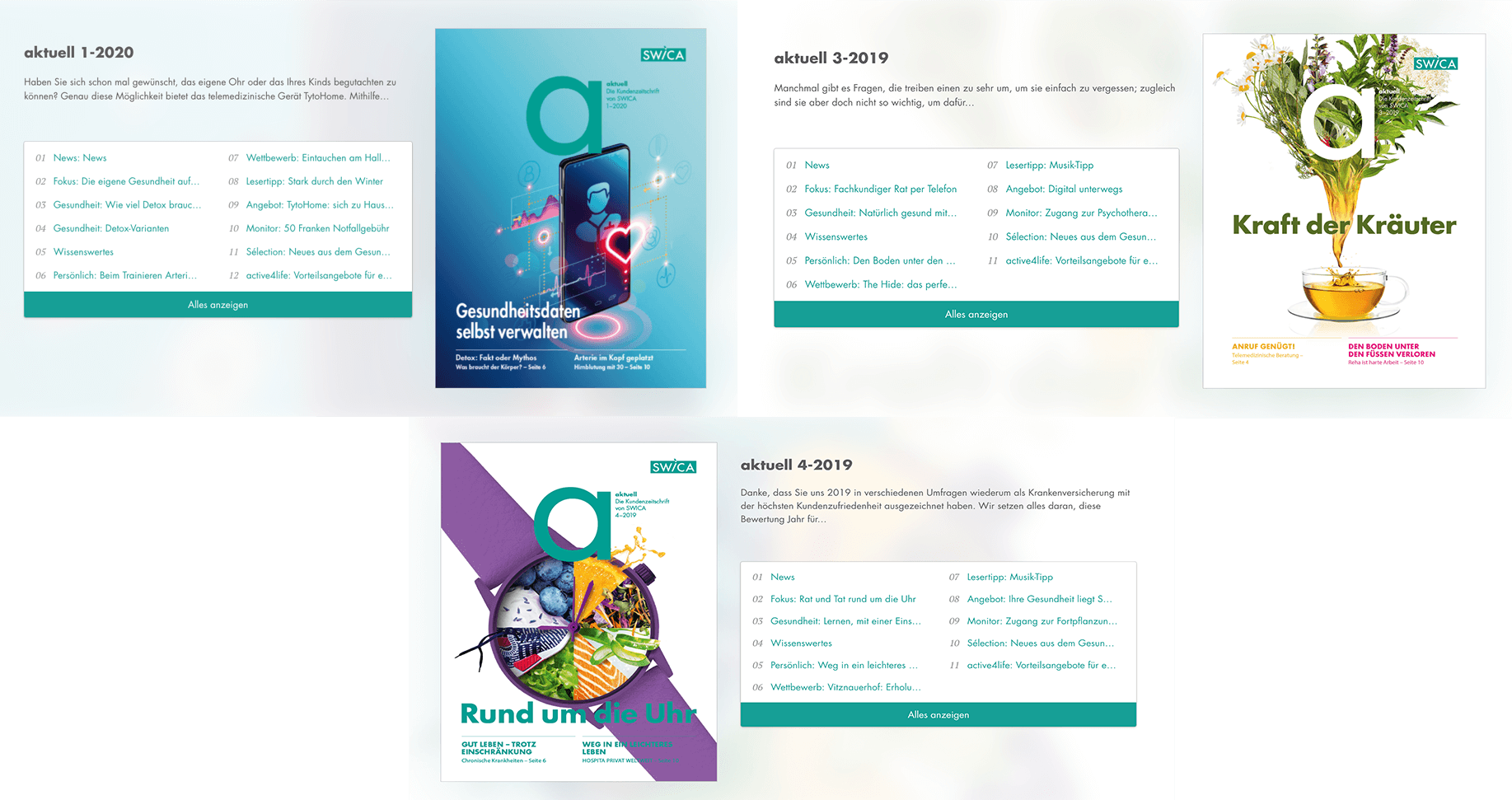 Multiple views of the table of contents in the SWICA aktuell online magazine