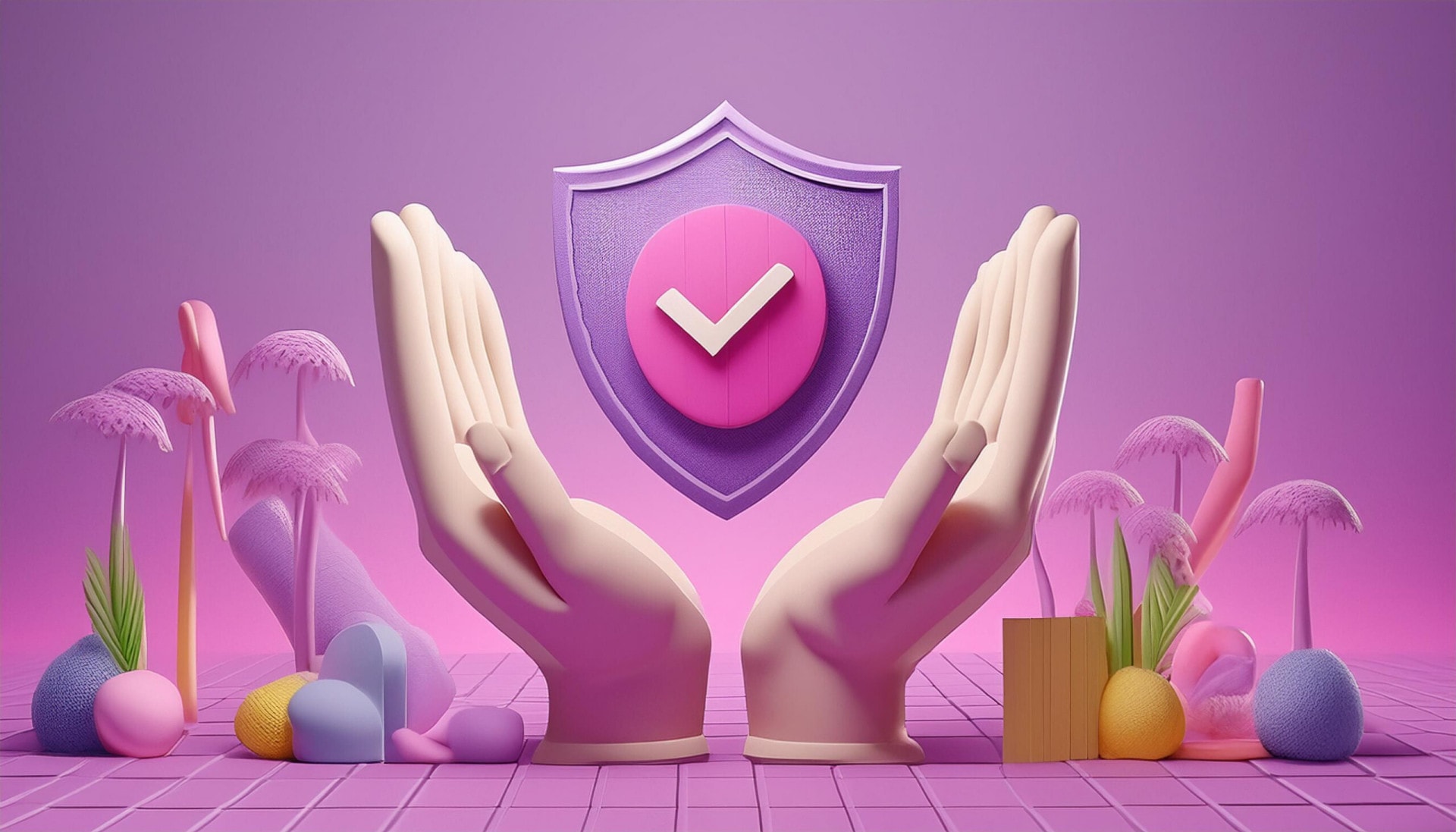 Schützende Hände um ein Schild mit Häkchen-Symbol, symbolisiert WordPress Sicherheit