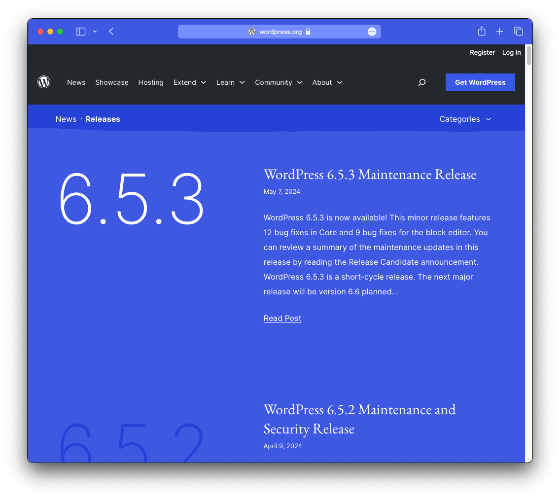WordPress Release Website mit den neuesten Updates von WordPress