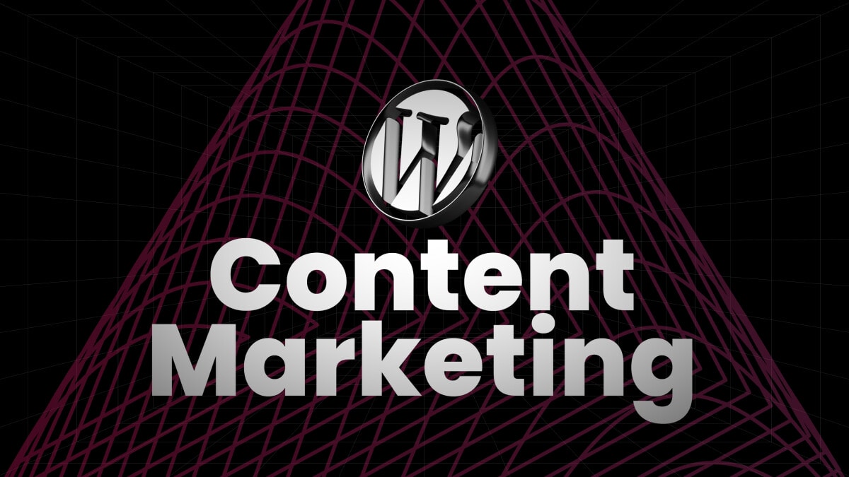WordPress Logo und Schriftzug 'Content Marketing' auf schwarzem Hintergrund mit Gitternetz