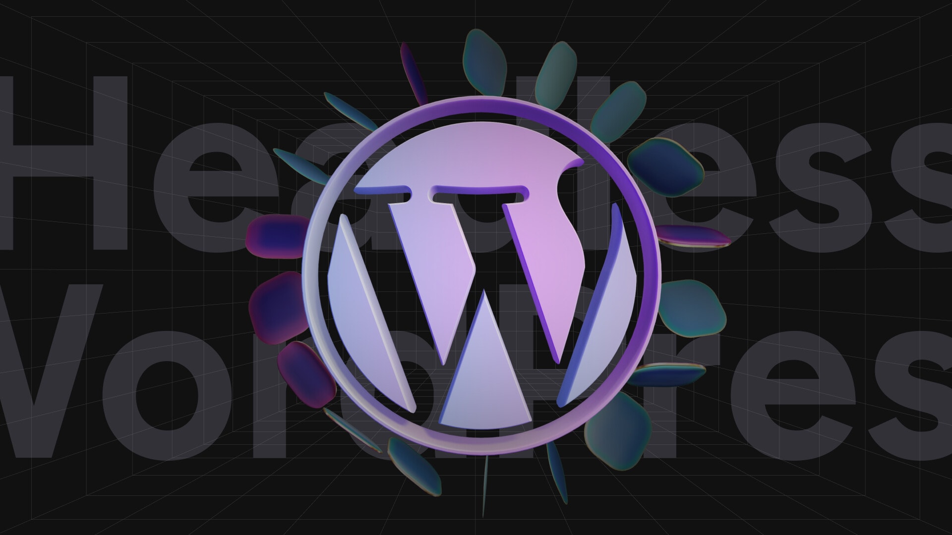 WordPress Logo und Schriftzug 'Headless CMS' auf schwarzem Hintergrund mit Gitternetz