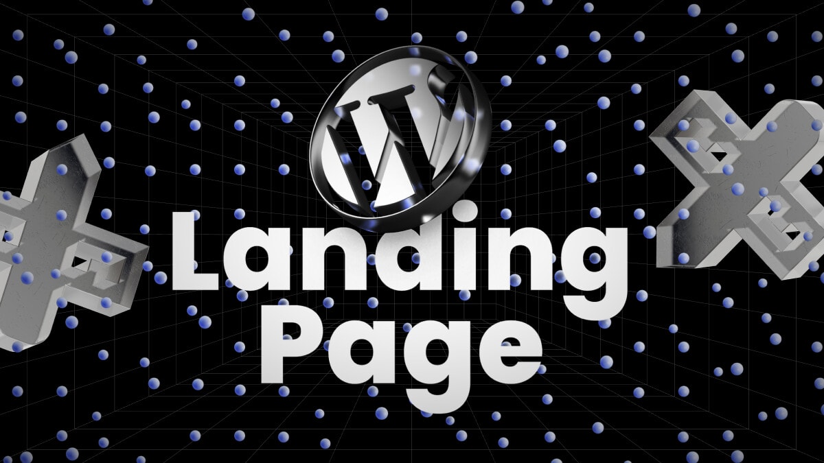 WordPress Logo und Schriftzug 'Landing Page' auf schwarzem Hintergrund mit Gitternetz