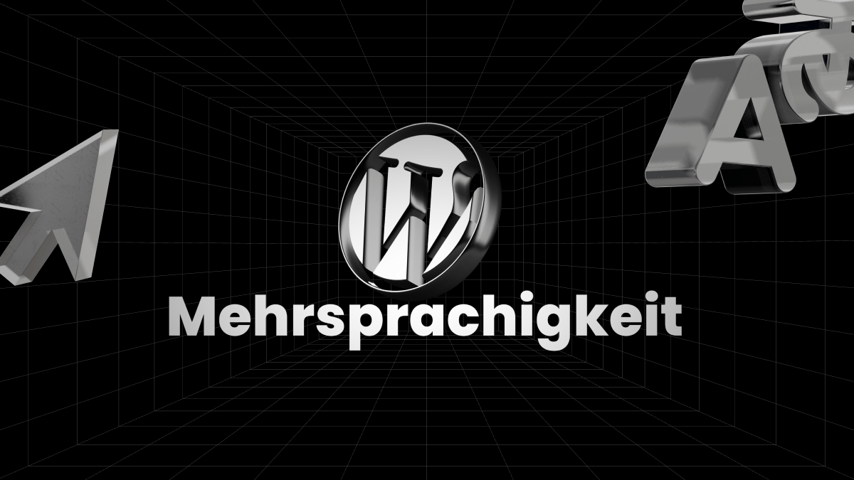 WordPress Logo und Schriftzug 'Mehrsprachigkeit' auf schwarzem Hintergrund mit Gitternetz