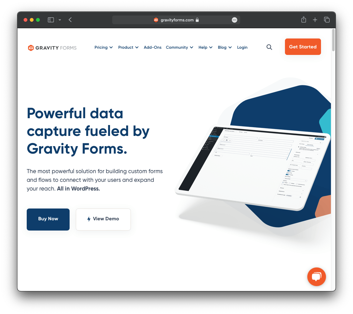 Screenshot der Gravity Forms Webseite, ein WordPress-Plugin für Datenverfolgung und Konversion