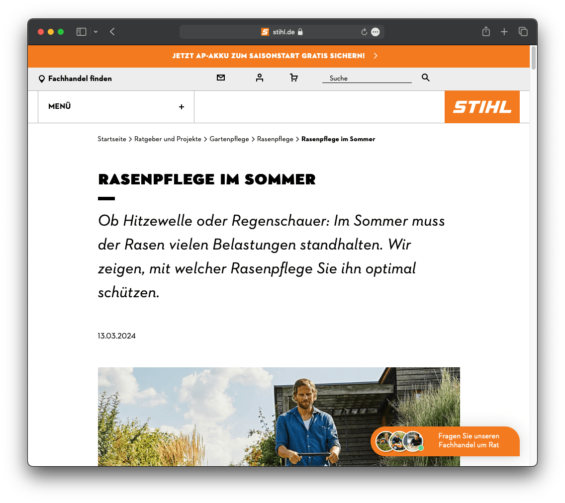 Beispiel einer Content-Marketing Webseite von STIHL über Rasenpflege im Sommer