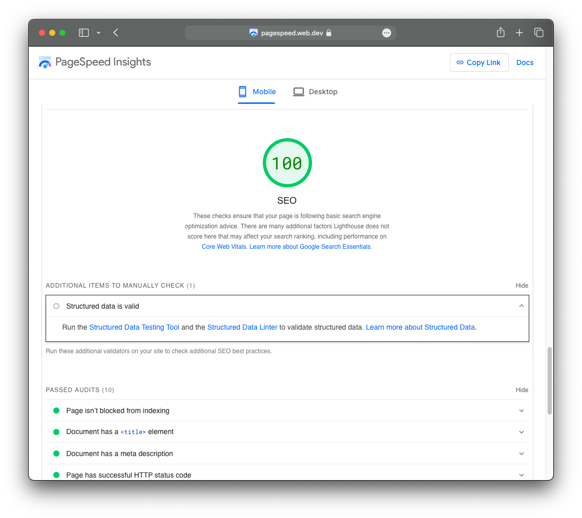 Google PageSpeed SEO Score für required.com