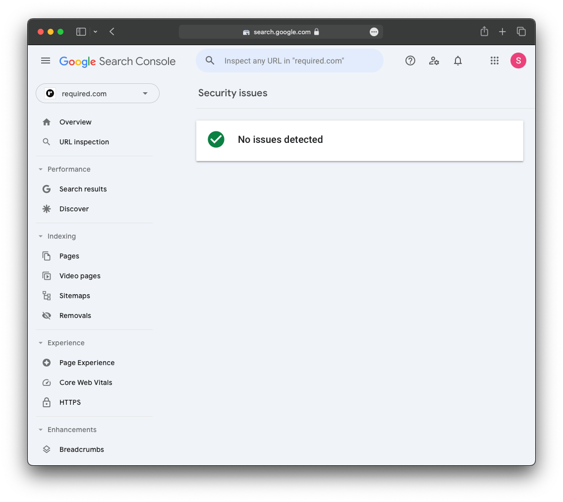 Google Search Console Security Übersichtsseite mit required.com als Beispiel