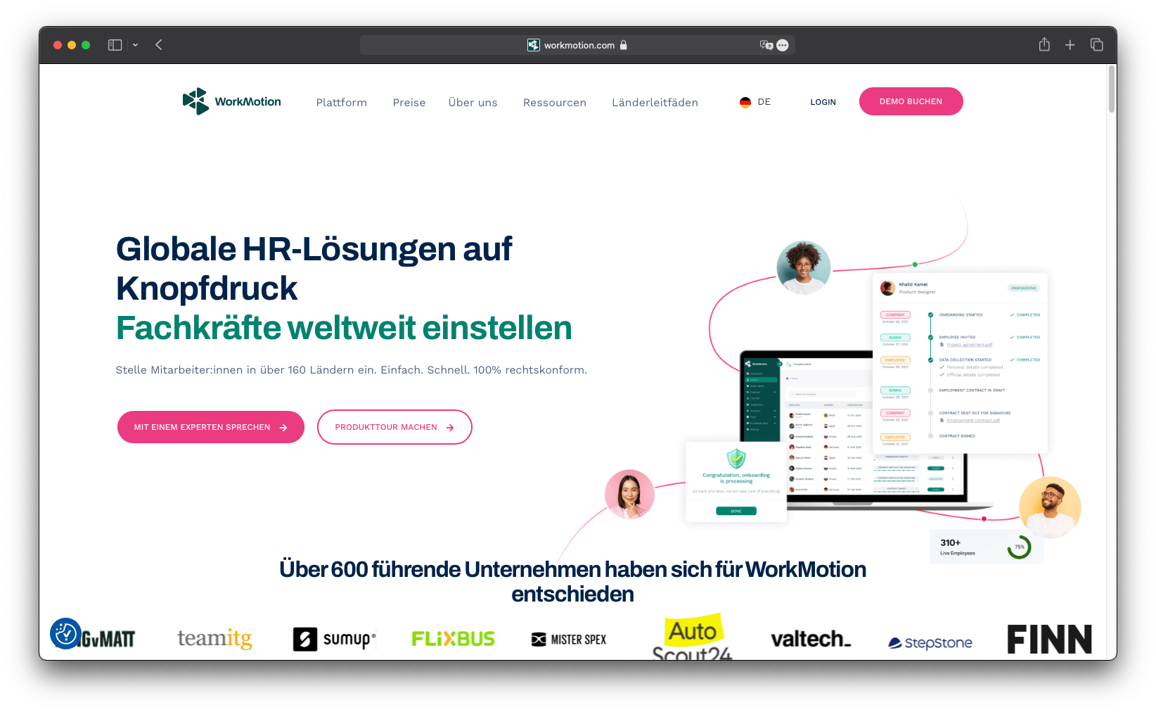 Landing Page Beispiel von WorkMotion mit klarer Headline und Produktbeschreibung