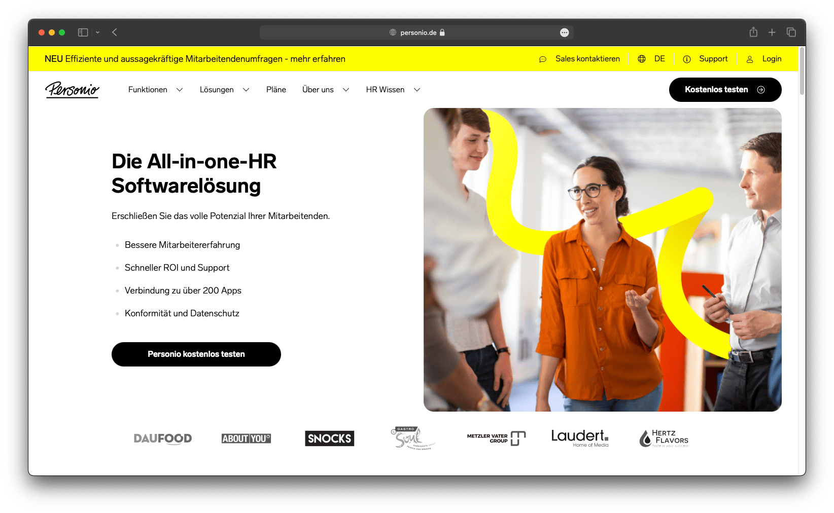 Landing Page Beispiel von Personio mit klarer Headline, Bullet Points und Call-to-Action