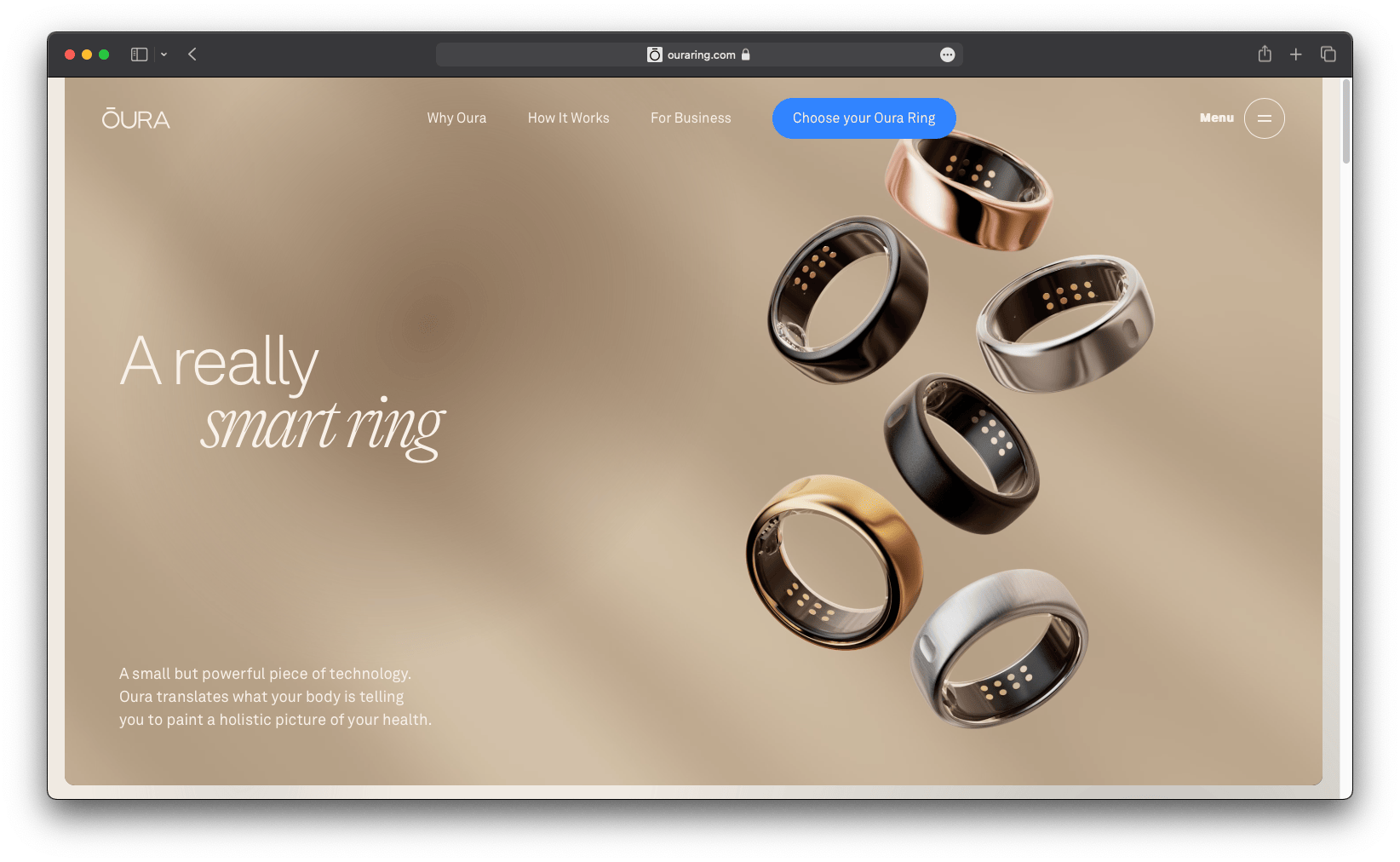 E-Commerce Landing Page Beispiel von Oura mit minimalistischem Design und hochwertigen Visualisierungen