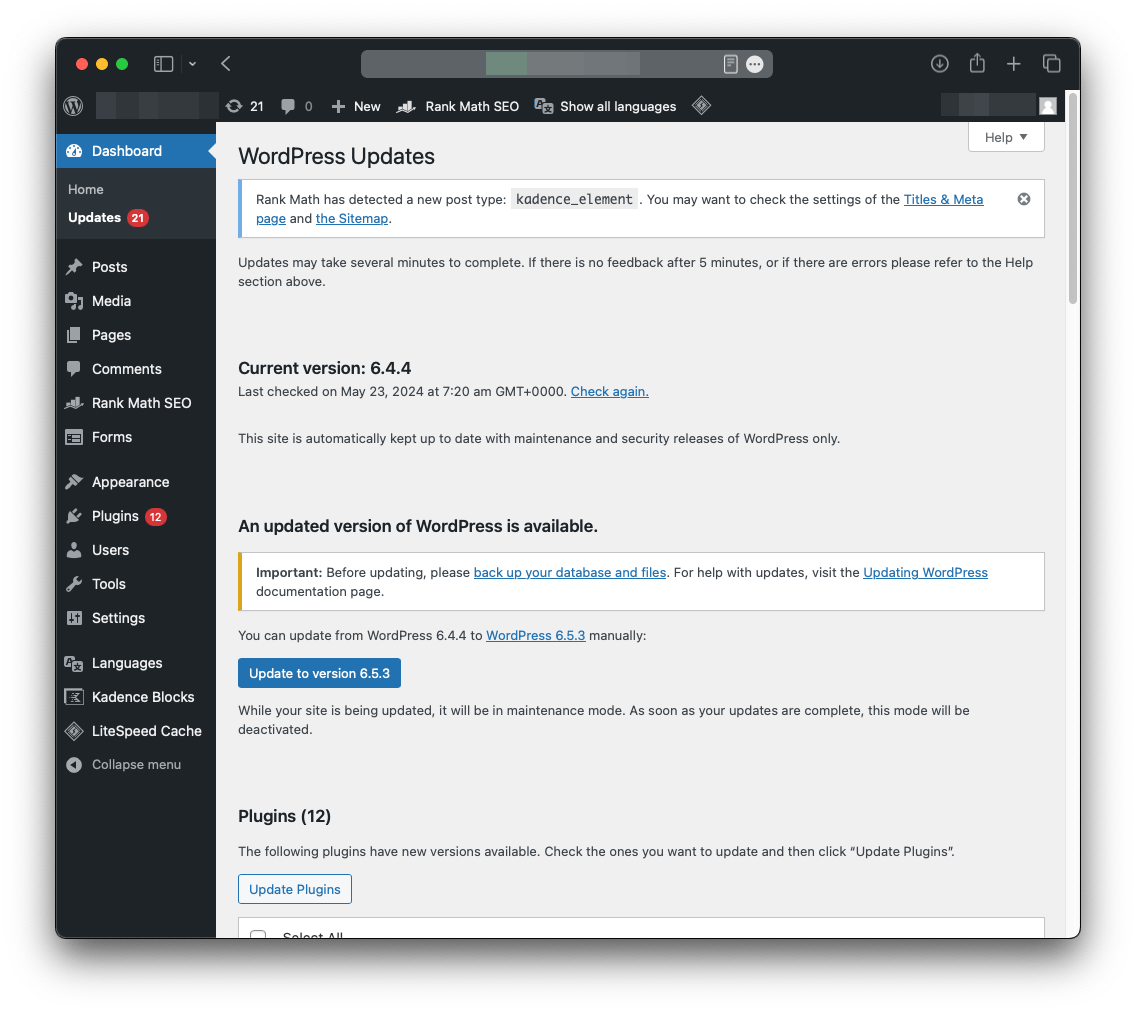 WordPress Updates Übersicht einer standard Seite mit veralteten Plugins und WordPress version