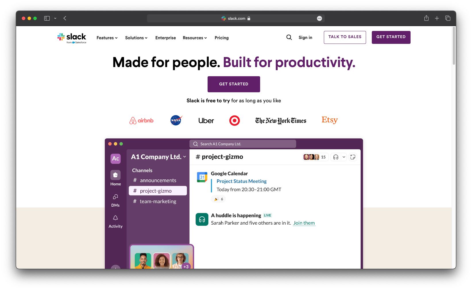 SaaS Landing Page Beispiel von Slack mit interaktiver Produkt-Demo