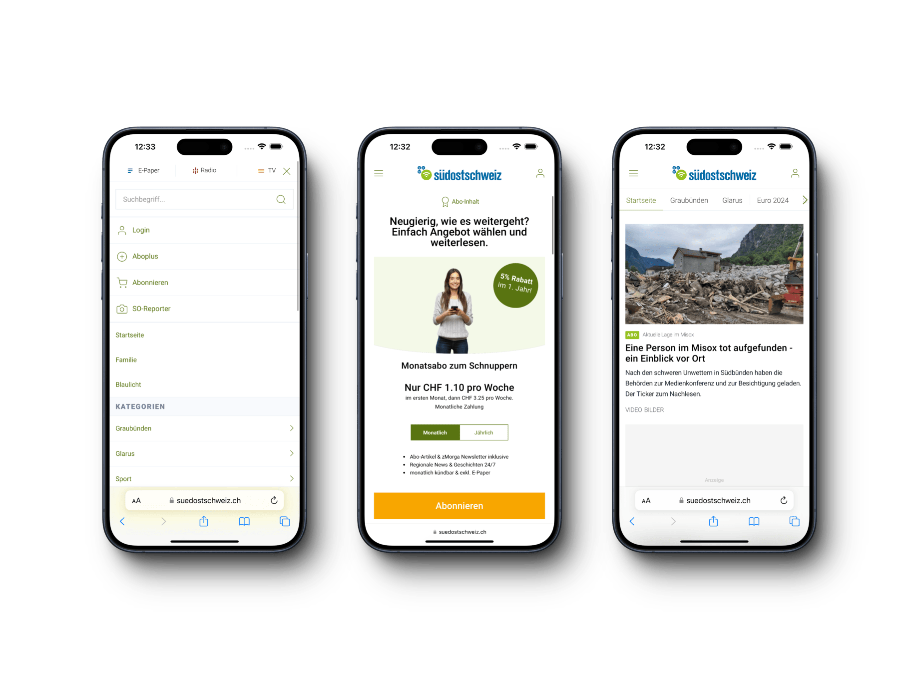 Drei Smartphones zeigen Webseiten zur Stärkung von Vertrauen und Seriosität - Südostschweiz Inhalte