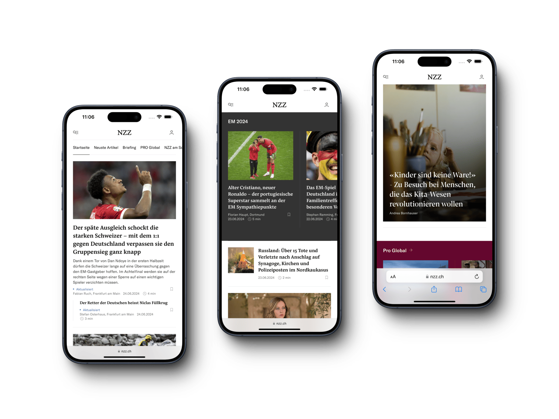 Drei Smartphones zeigen verschiedene Ansichten der mobilen Startseite der Neuen Zürcher Zeitung (NZZ). Die Displays präsentieren Nachrichtenartikel, darunter Sportnachrichten und Reportagen. Die Bildunterschrift beschreibt das Engagement der Webagentur für erstklassiges User Experience Design.
