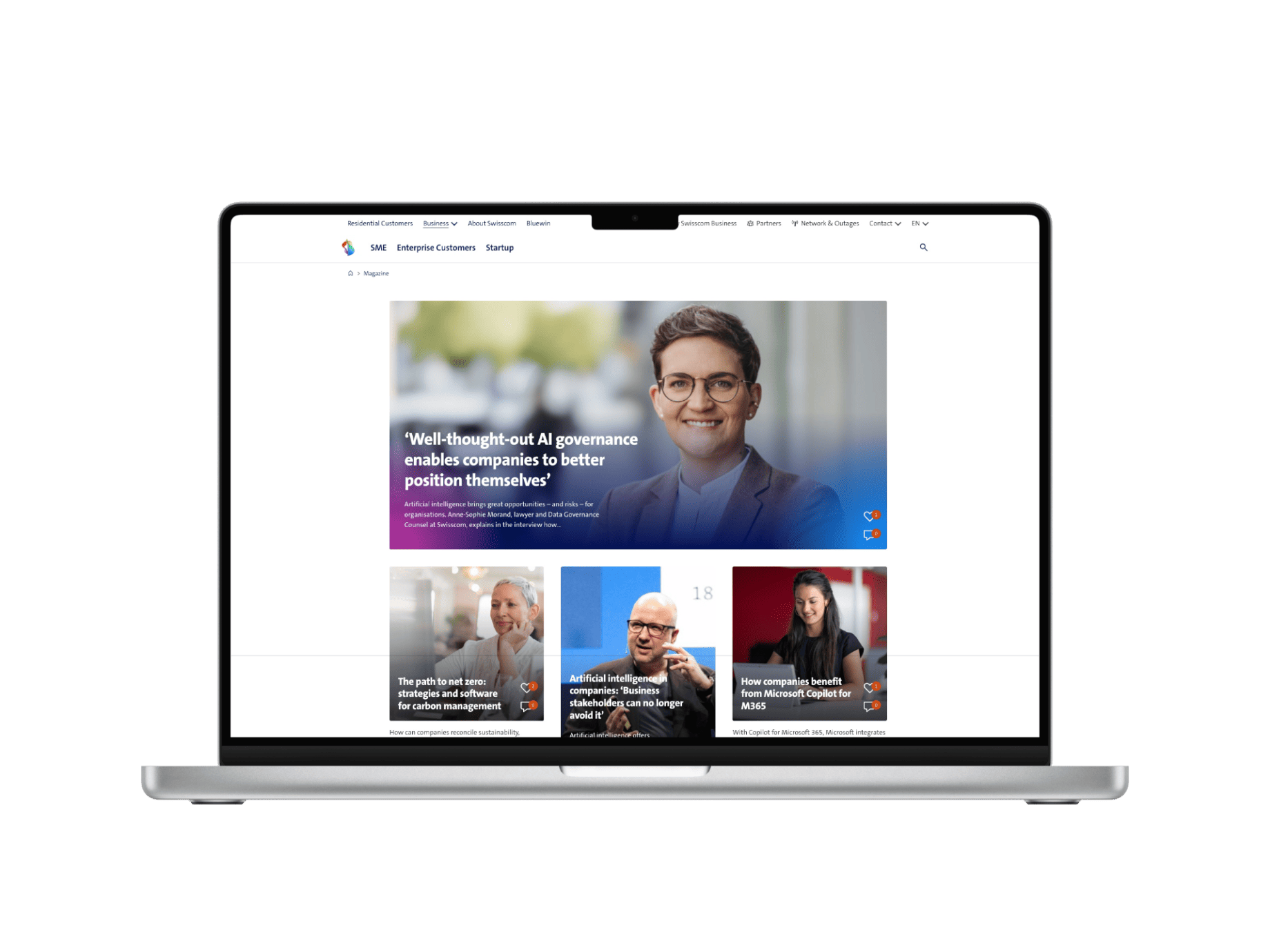 Laptop, der das B2B-Magazin von Swisscom zeigt, begleitet von Text über WordPress-Entwicklung durch eine WordPress-Agentur in der Schweiz.