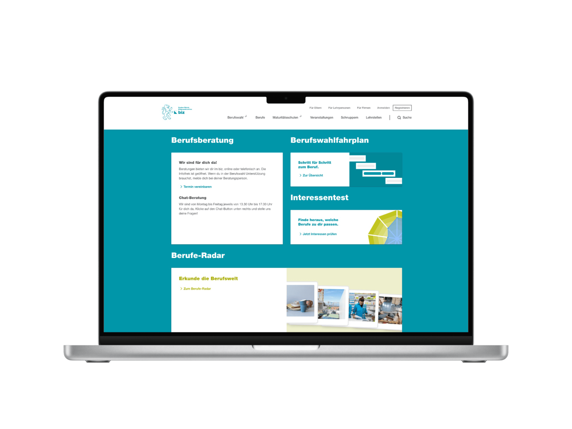 Laptop, der die BIZ-Website zeigt, begleitet von Text über digitale Beratung und Strategie durch eine WordPress-Agentur in Zürich und Luzern.