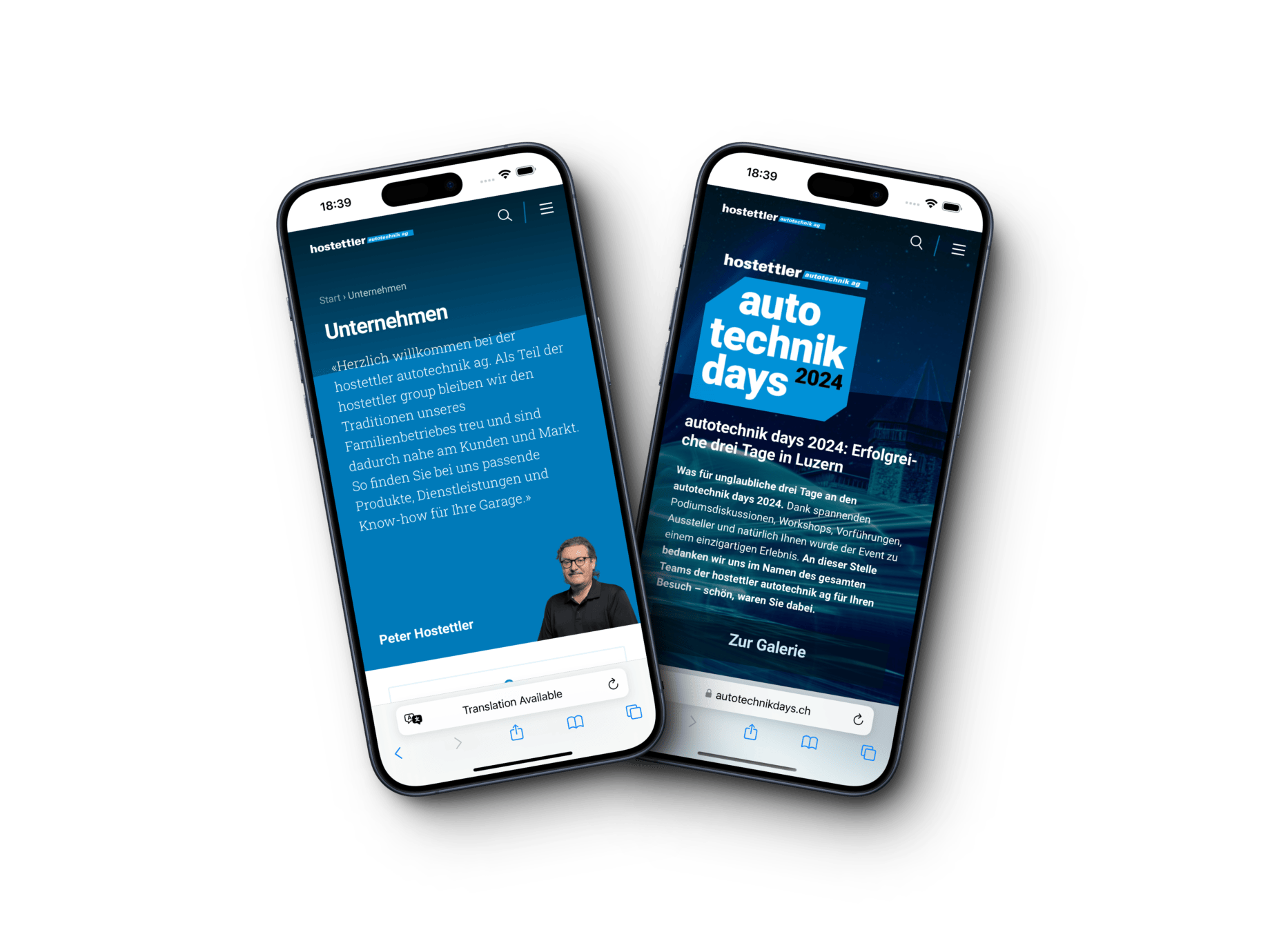 Zwei Smartphones zeigen Webseiten von hostettler autotechnik und autotechnik days 2024 als Beispiele für den Einsatz von WordPress Multisites im Geschäftsalltag
