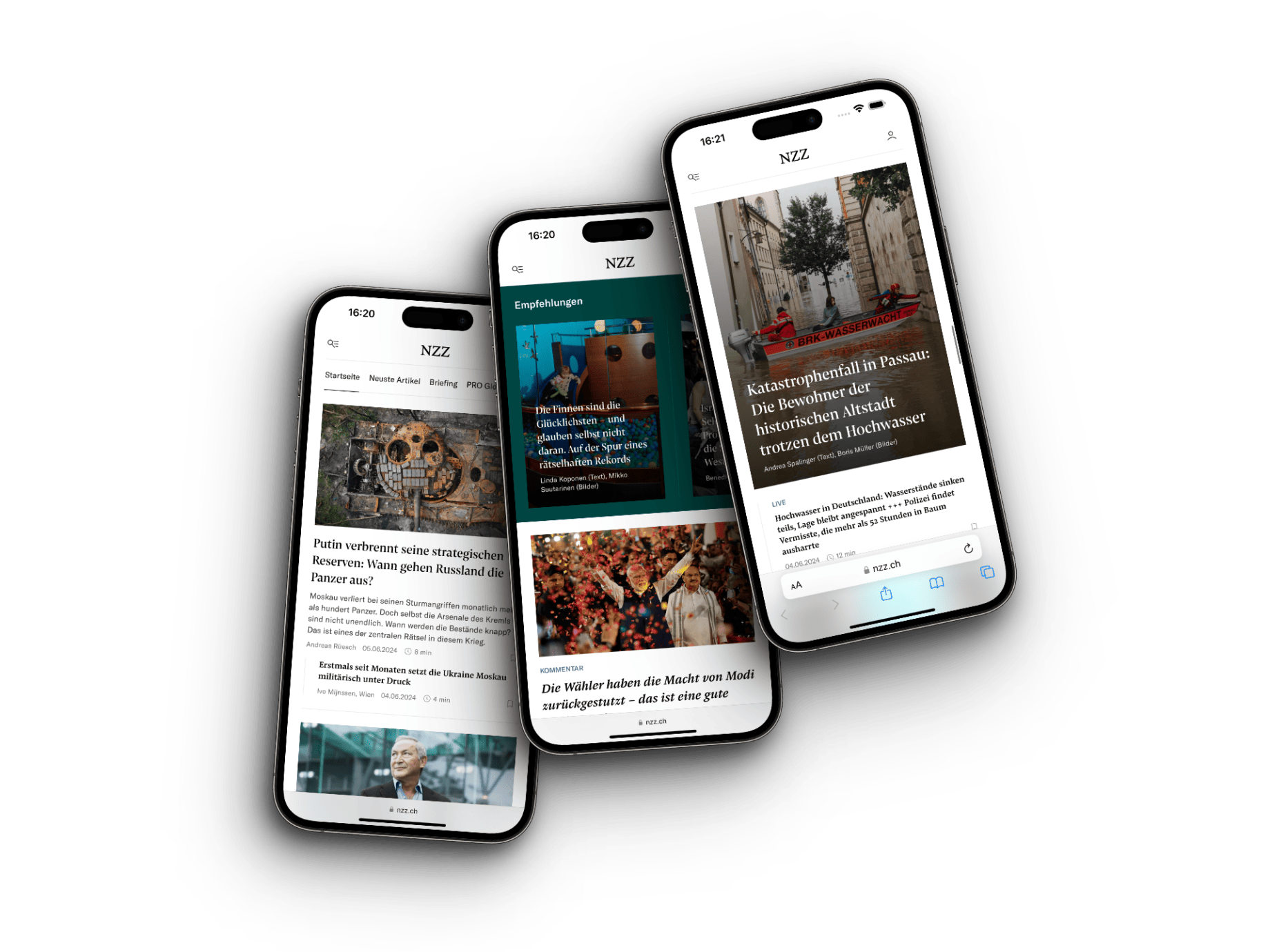 Mobile Ansicht der NZZ-Website auf drei Smartphones