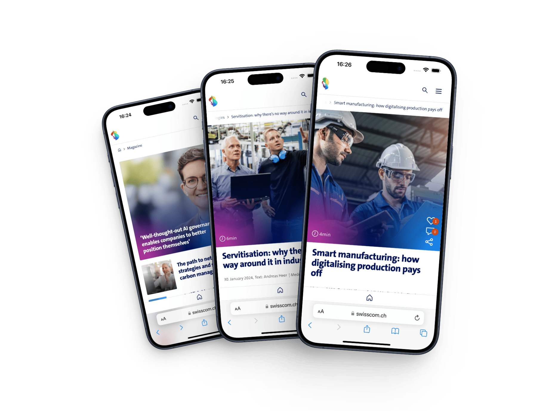 Swisscom Online-Magazin auf drei Smartphones