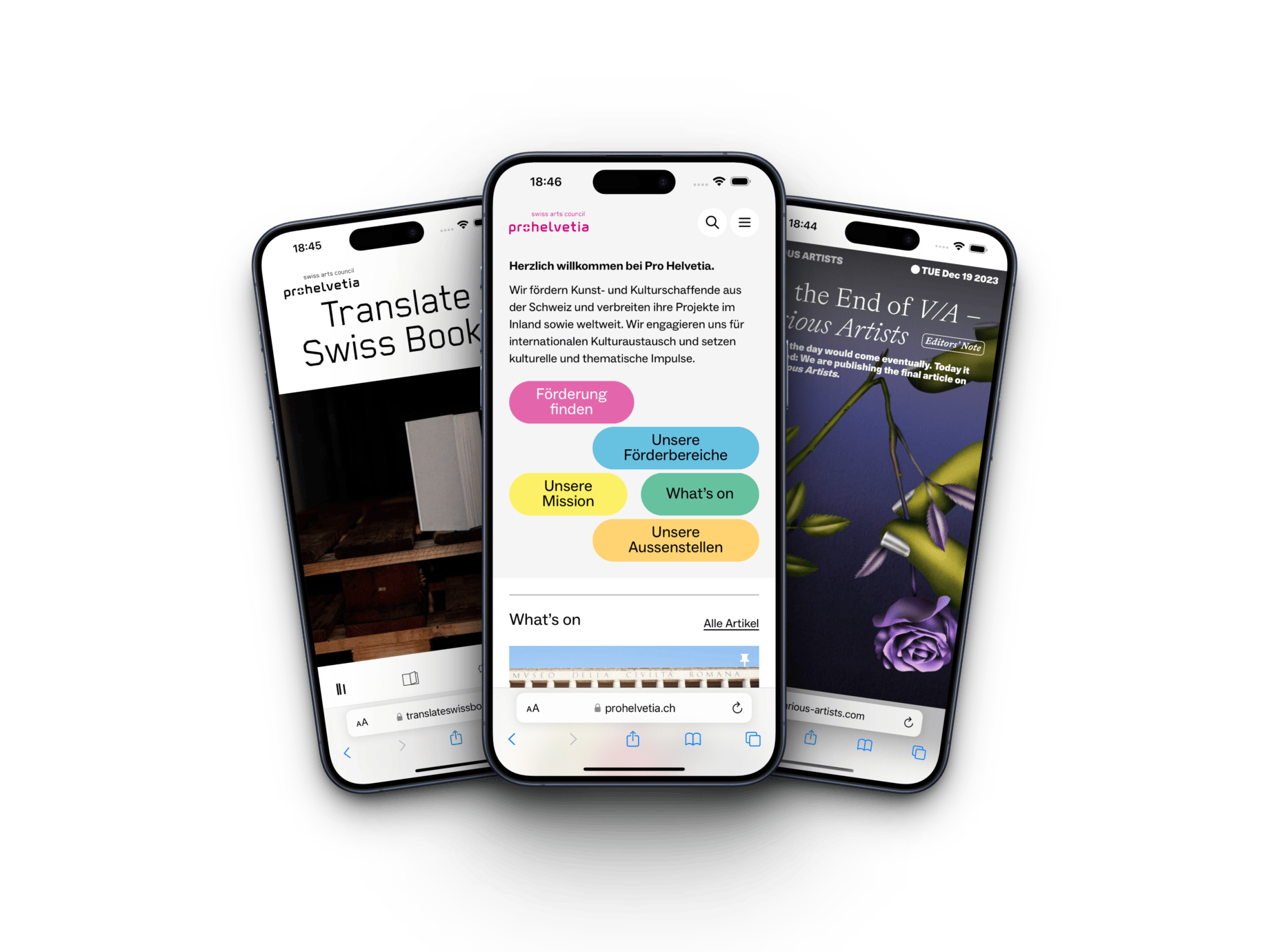 Drei Smartphones zeigen verschiedene Webseiten von Pro Helvetia als Beispiele für die Nutzung von WordPress Multisites zur Verwaltung internationaler Inhalte