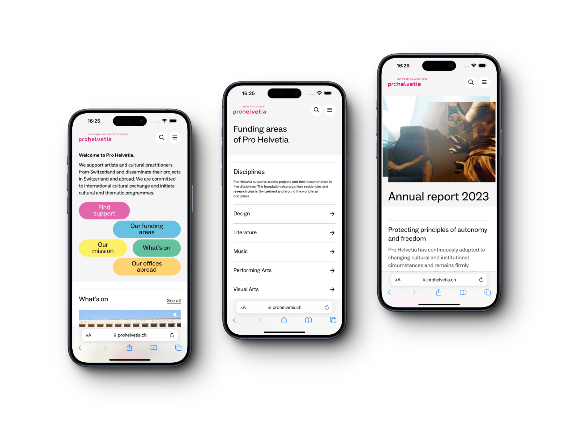 Drei Smartphones zeigen die mehrsprachige WordPress Multisite von Pro Helvetia, begleitet von Text über zentrale Handhabung und Weiterentwicklungen durch eine WordPress-Agentur.