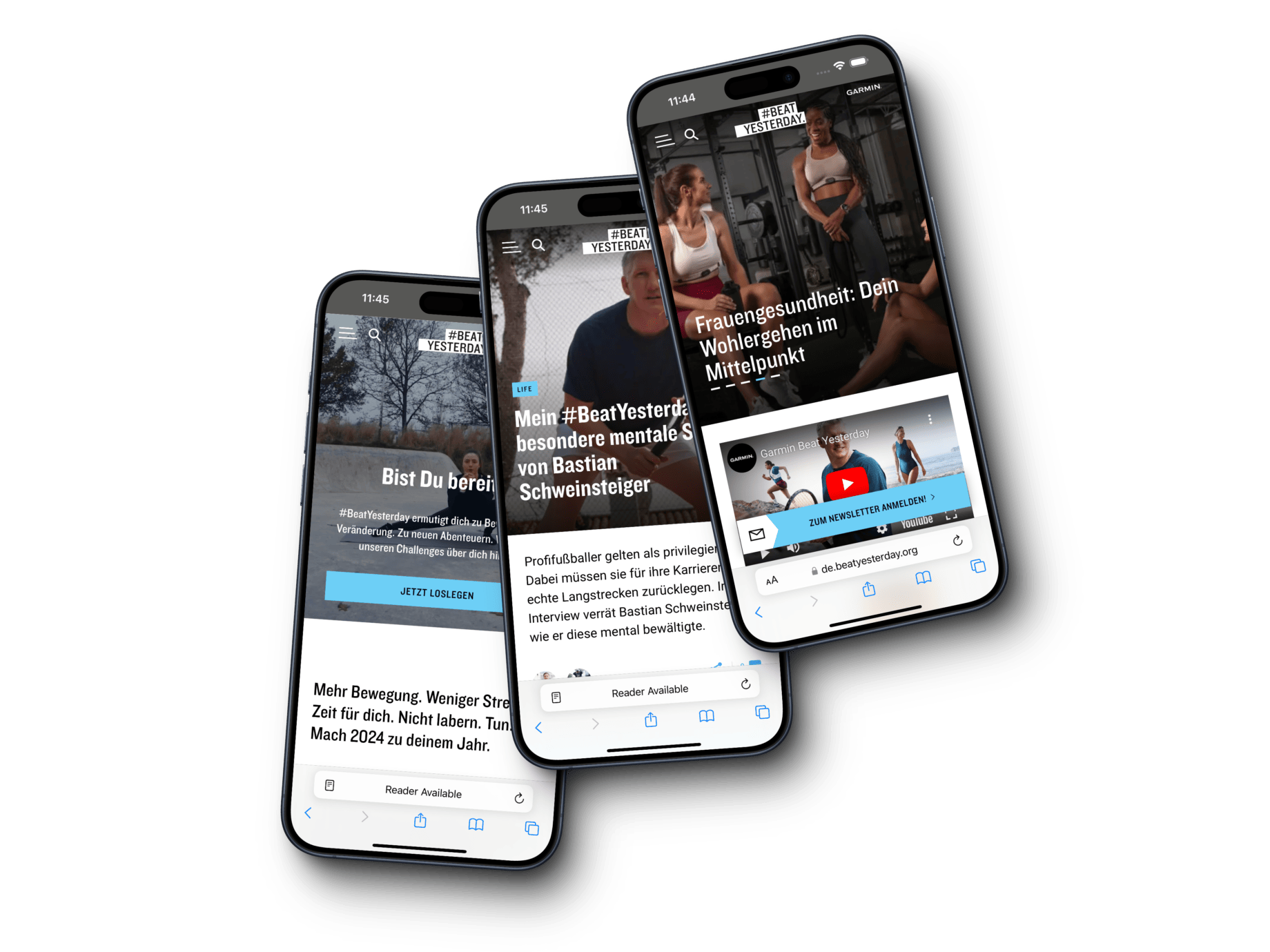 SEO-optimierte Webseiten auf drei Smartphones - BeatYesterday Kampagnen für bessere Sichtbarkeit