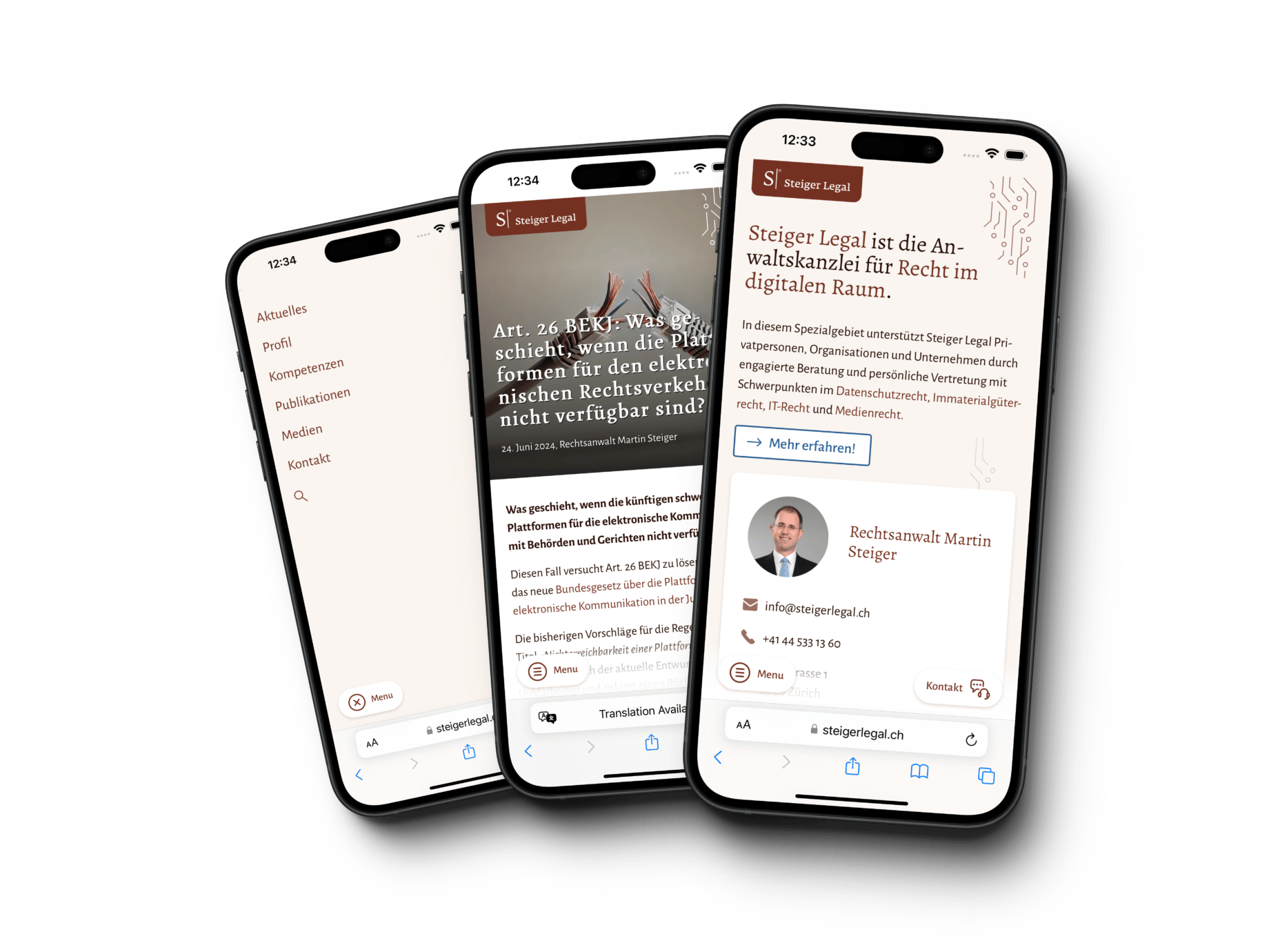 Wiedererkennbarkeit im Internet durch individuelles WordPress Webdesign - Steiger Legal Webseiten auf Smartphones