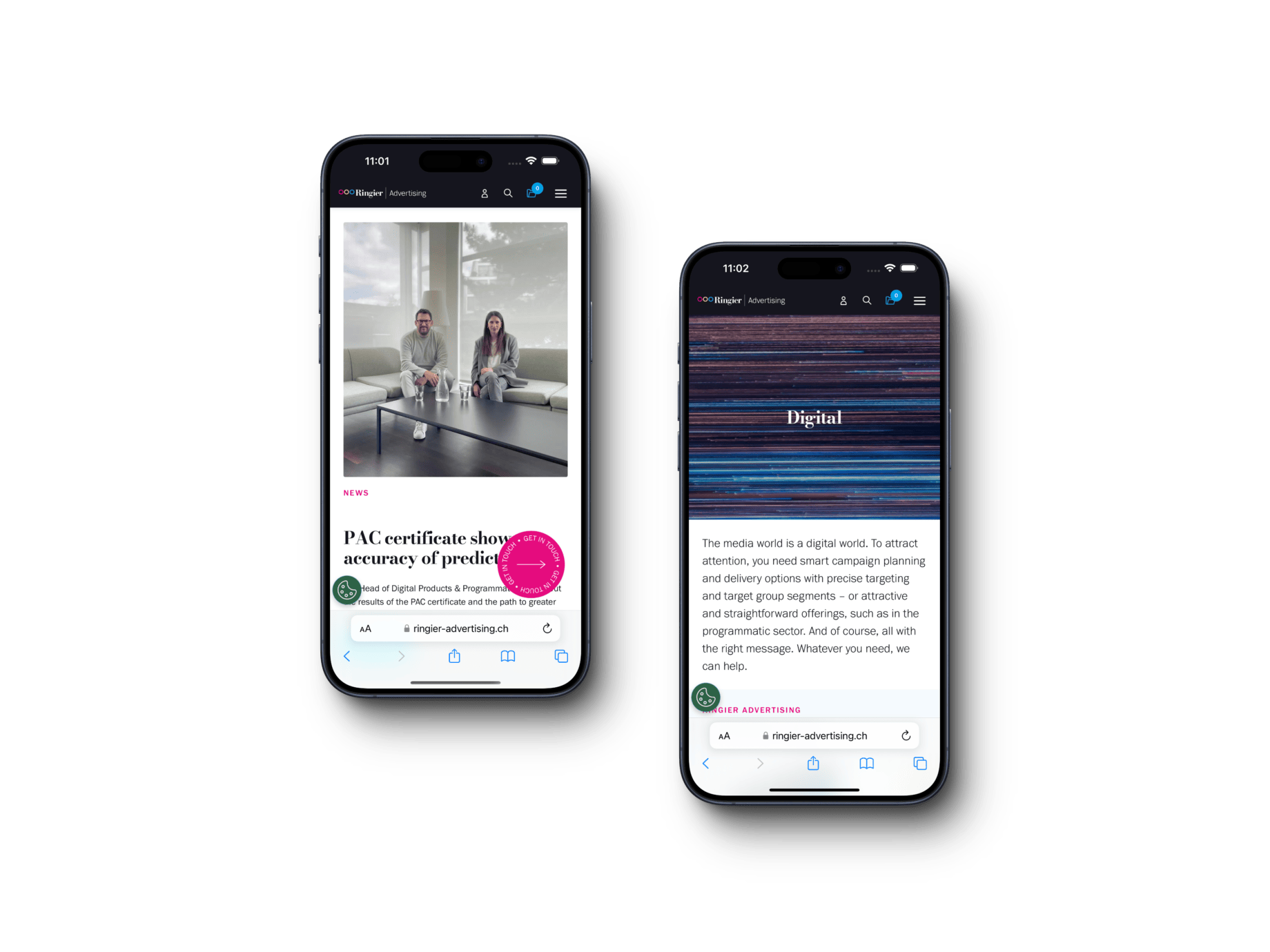 Zwei Smartphones zeigen moderne Website zur Bewerbung von Leistungen und Erzeugung eines starken ersten Eindrucks