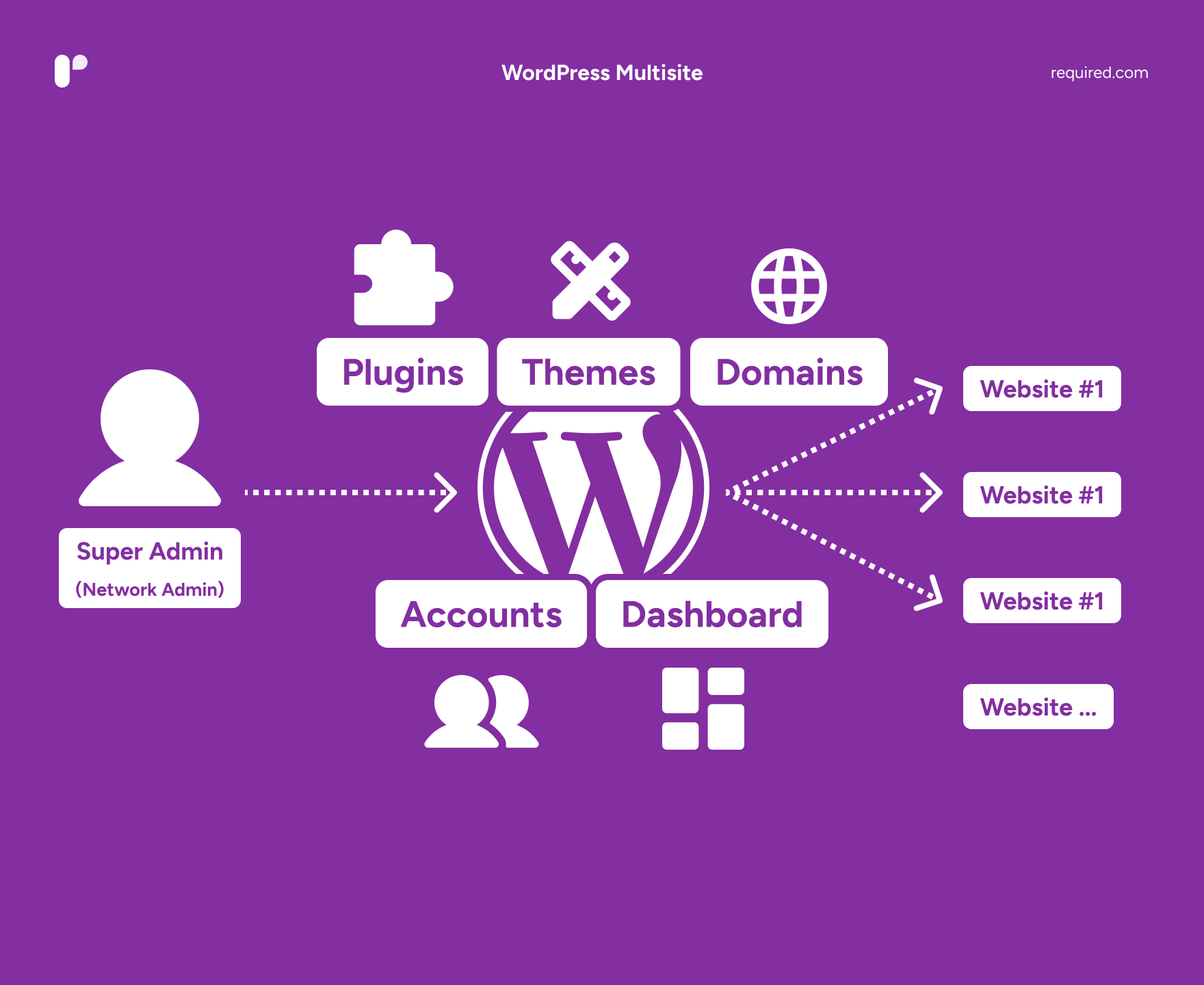 WordPress Multisite Überblick mit Super Admin, Plugins, Themes, Domains, Accounts und Dashboard