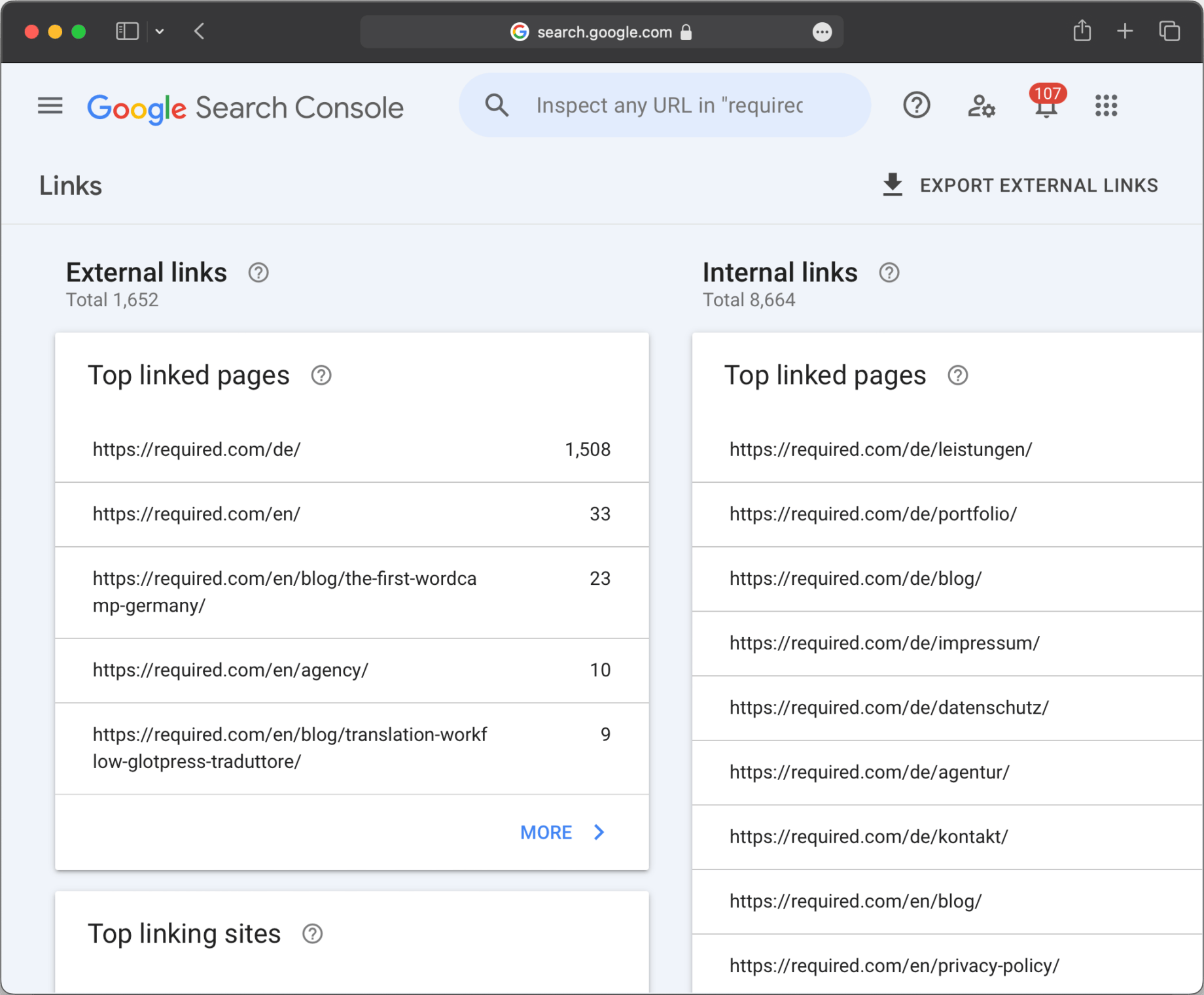 Google Search Console Dashboad für interne Links und Backlinks