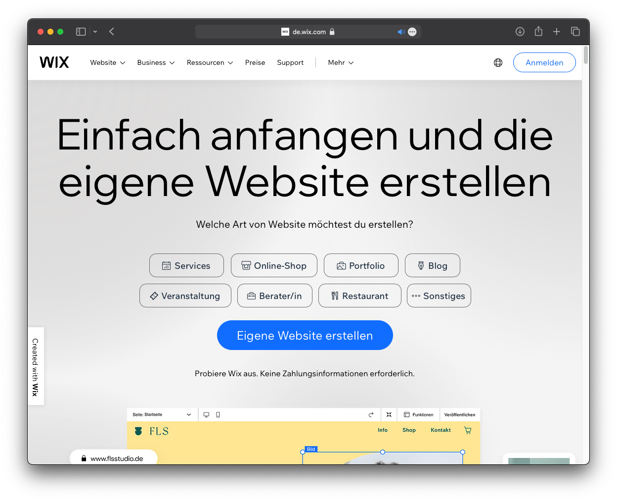 Wix-Website Screenshot im Vergleich zu WordPress