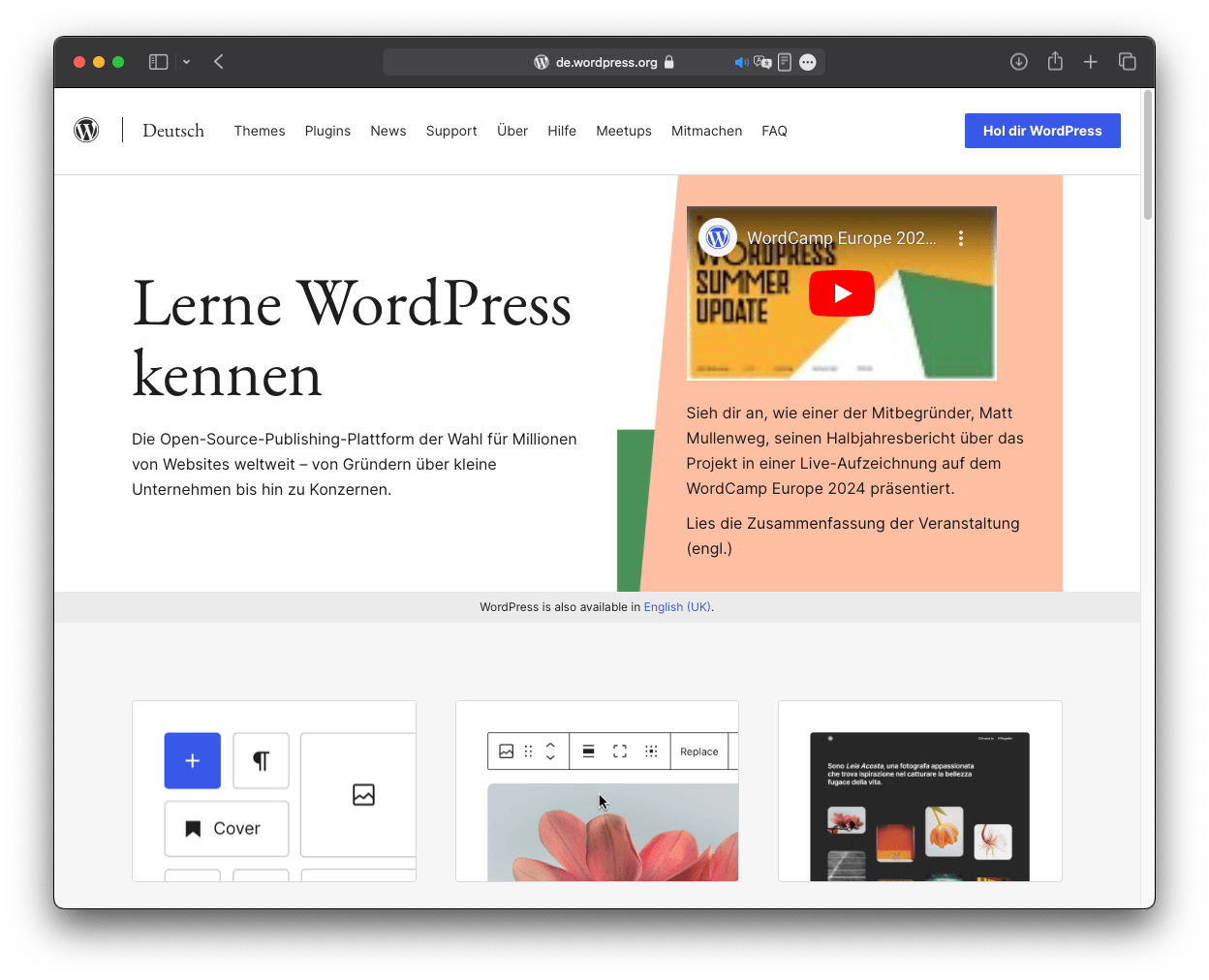 Screenshot der WordPress-Website mit dem Slogan ‚Lerne WordPress kennen‘