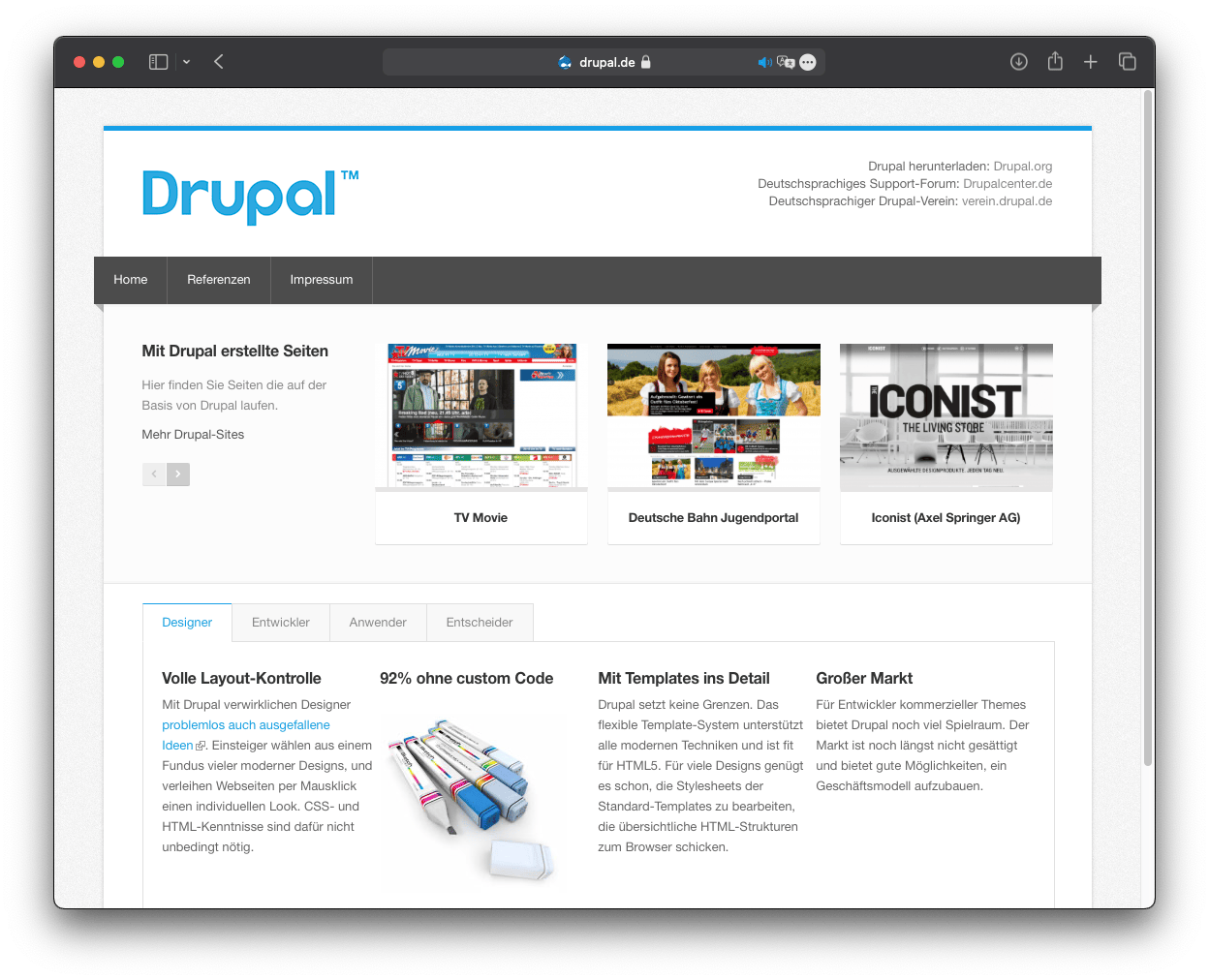 Drupal-Website Screenshot im Vergleich zu WordPress