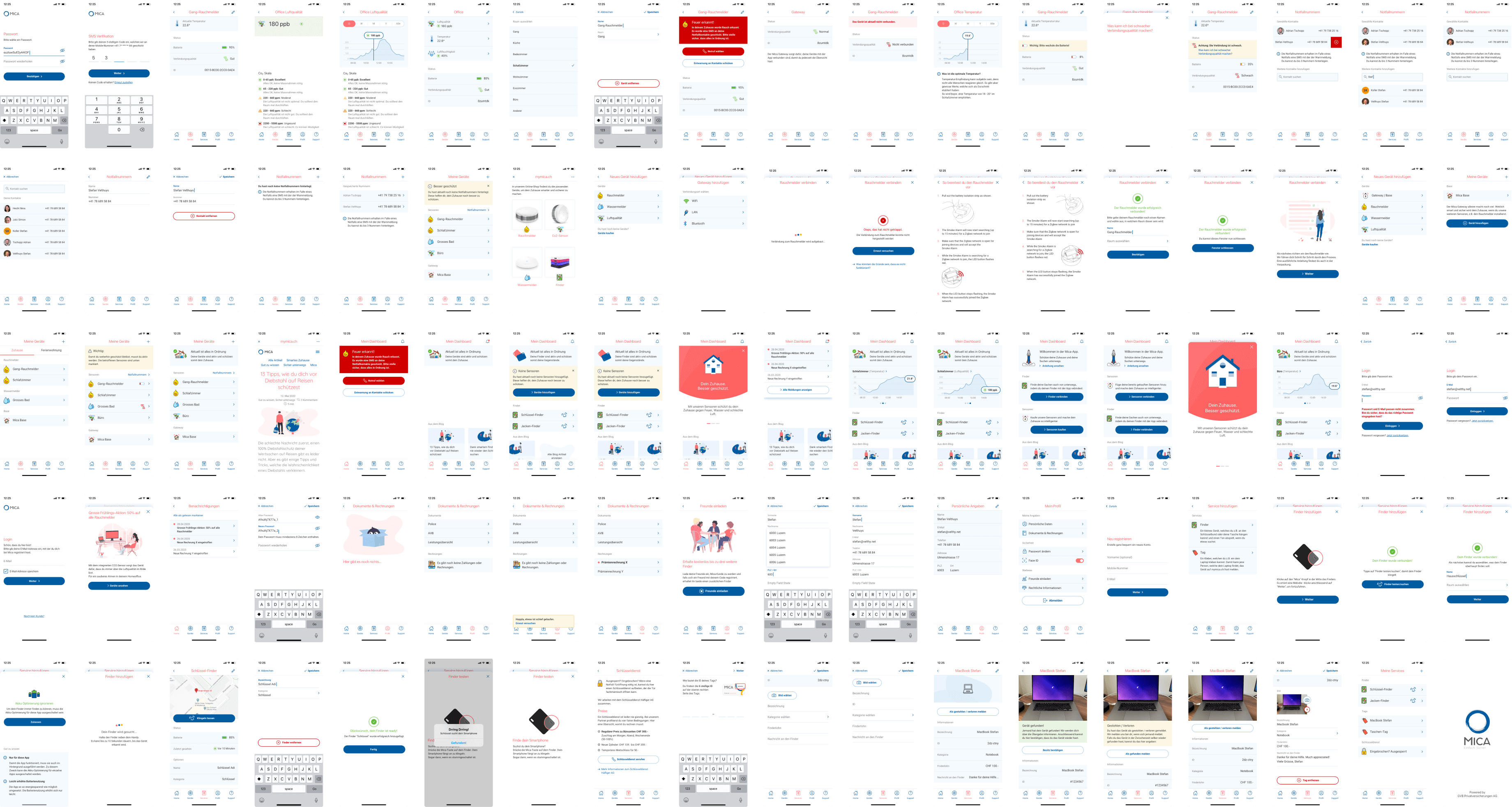 Ganz viele kleine Screenshots von unterschiedlichen Ansichten einer Mobile App.