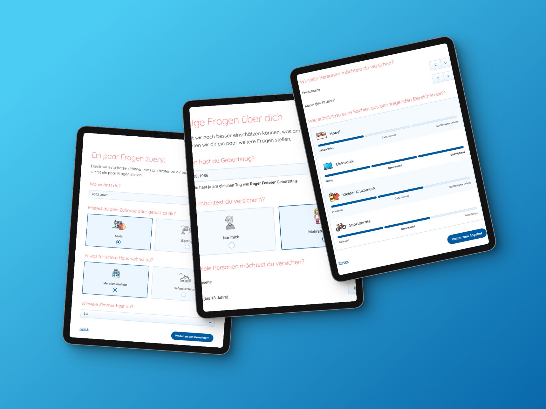Drei verschiedenen Ansicht des Prototypen auf einem iPad.