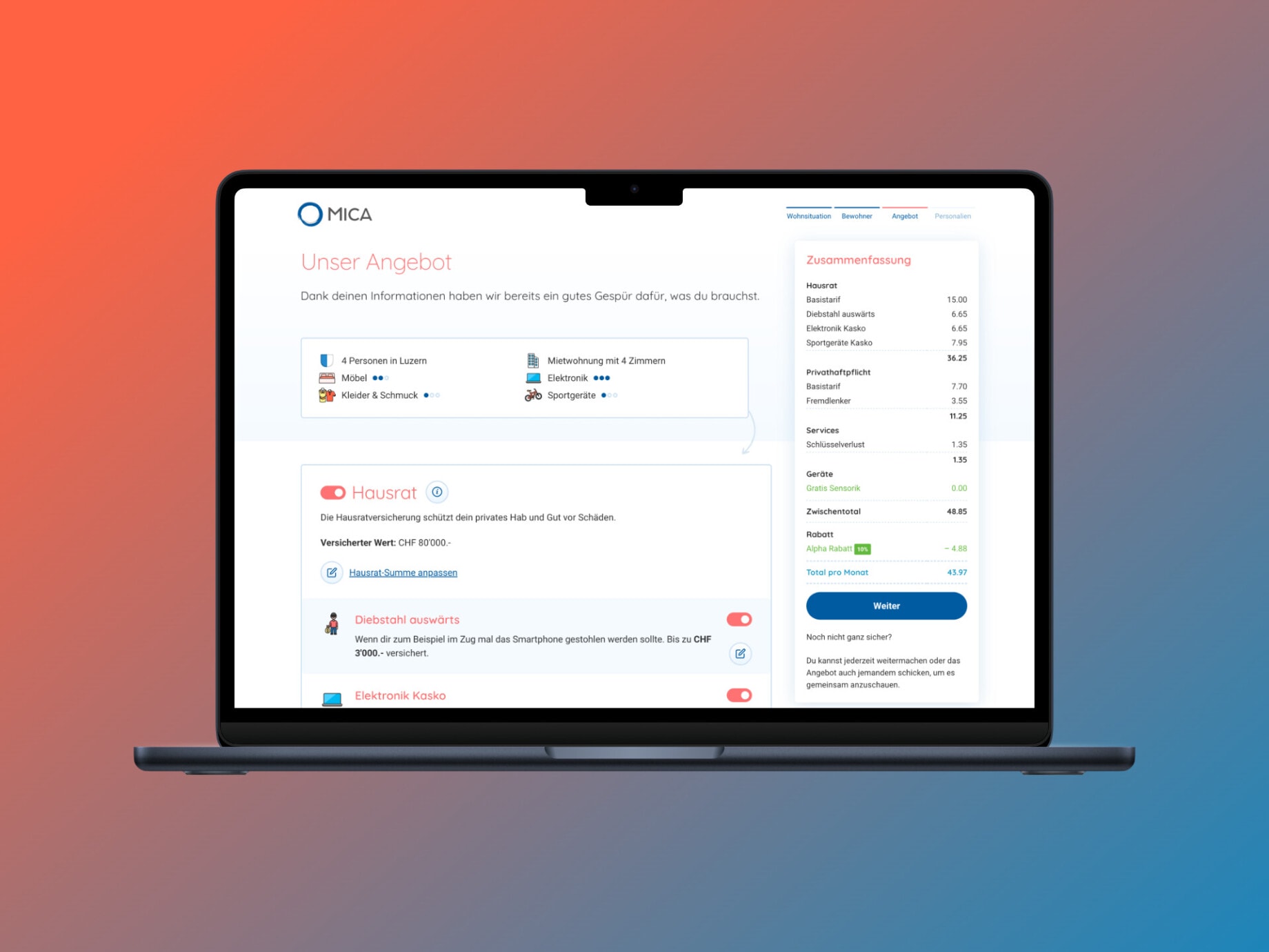 Die Ansicht des letzten Schrittes im Prämienrechner auf einem Laptop.