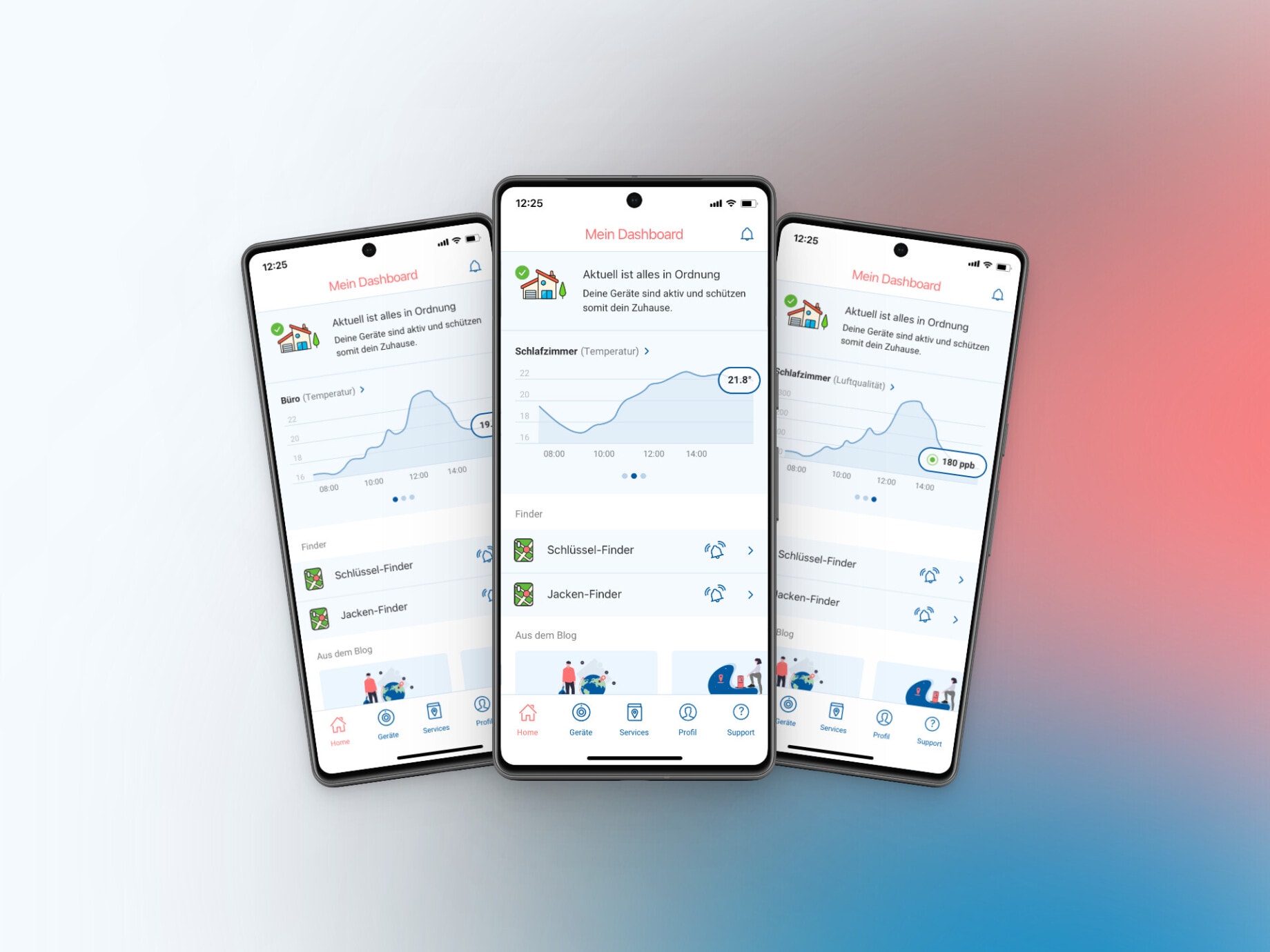 Screenshots of a mobile app with a dashboard and multiple infographics showing temperature and air quality.