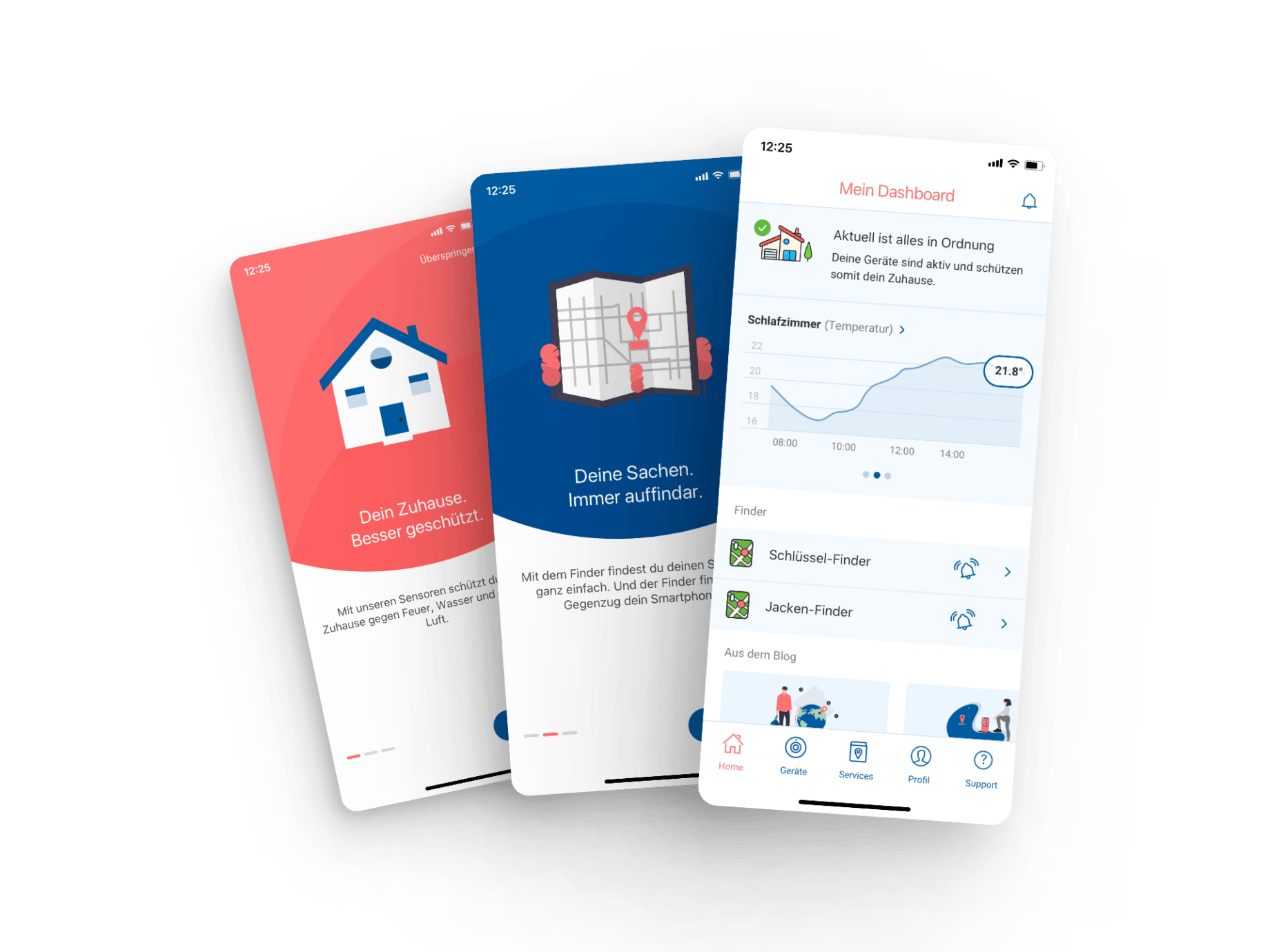 Drei Screenshots der Smart Home Mobile App mit Dashboard und Willkommens-Ansicht.