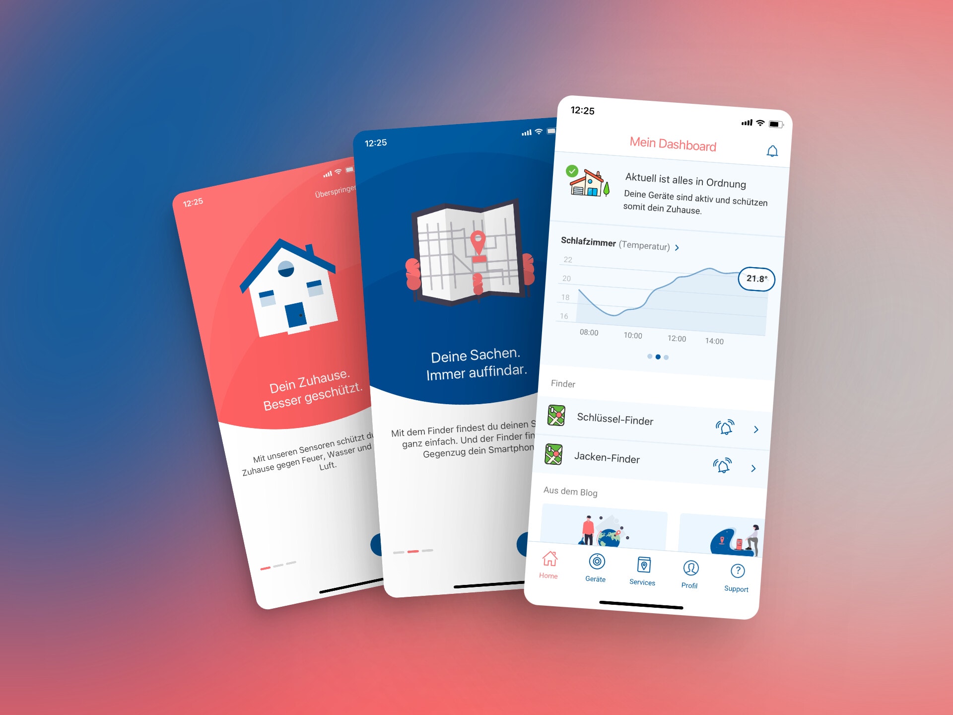 Drei Screenshots der Smart Home Mobile App mit Dashboard und Willkommens-Ansicht.
