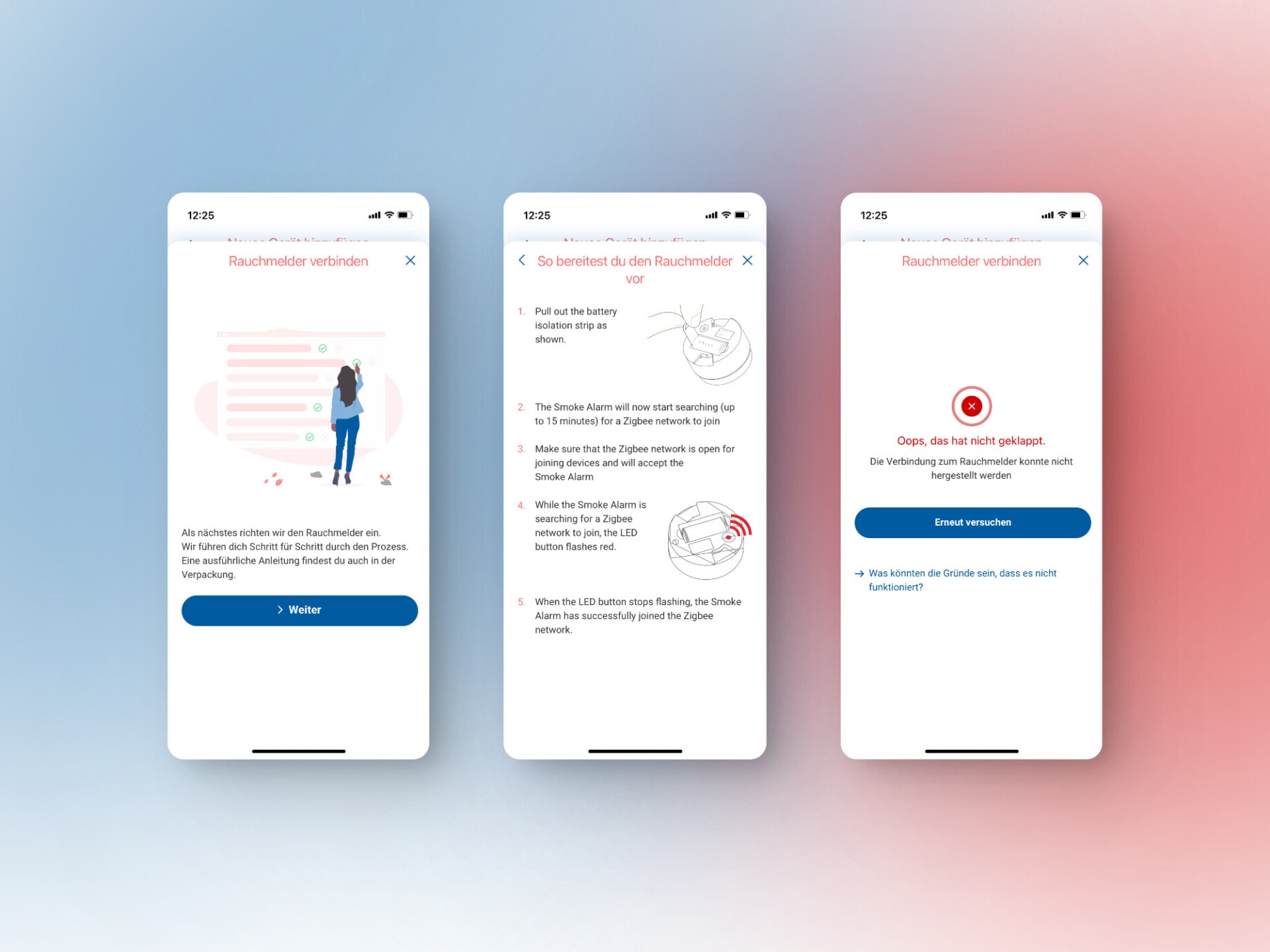 Screenshots of a mobile app with instructions, on how to connect a sensor in a smart home.